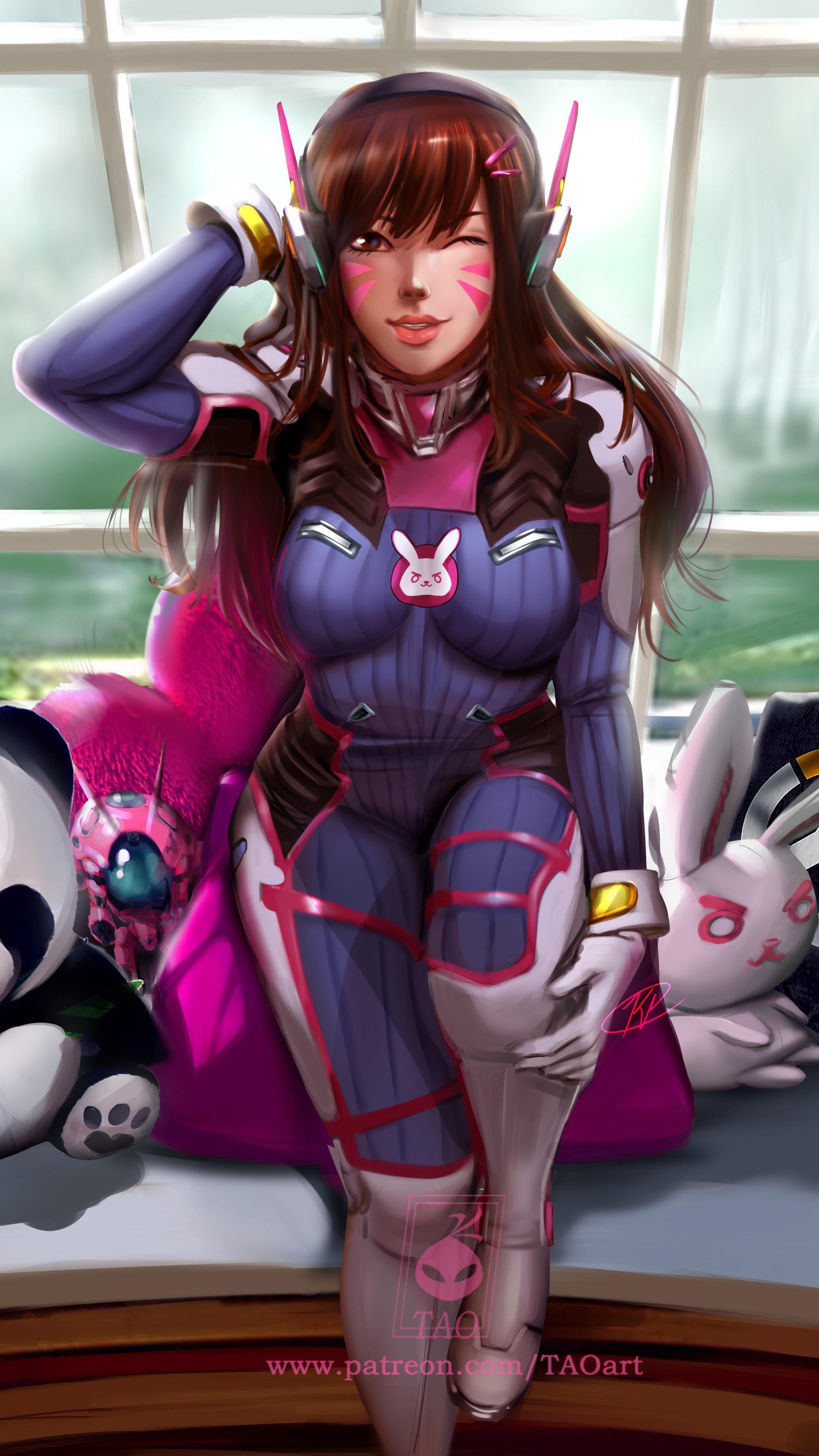 D.Va from Overwatch sitting with plush toys HD Phone Wallpaper