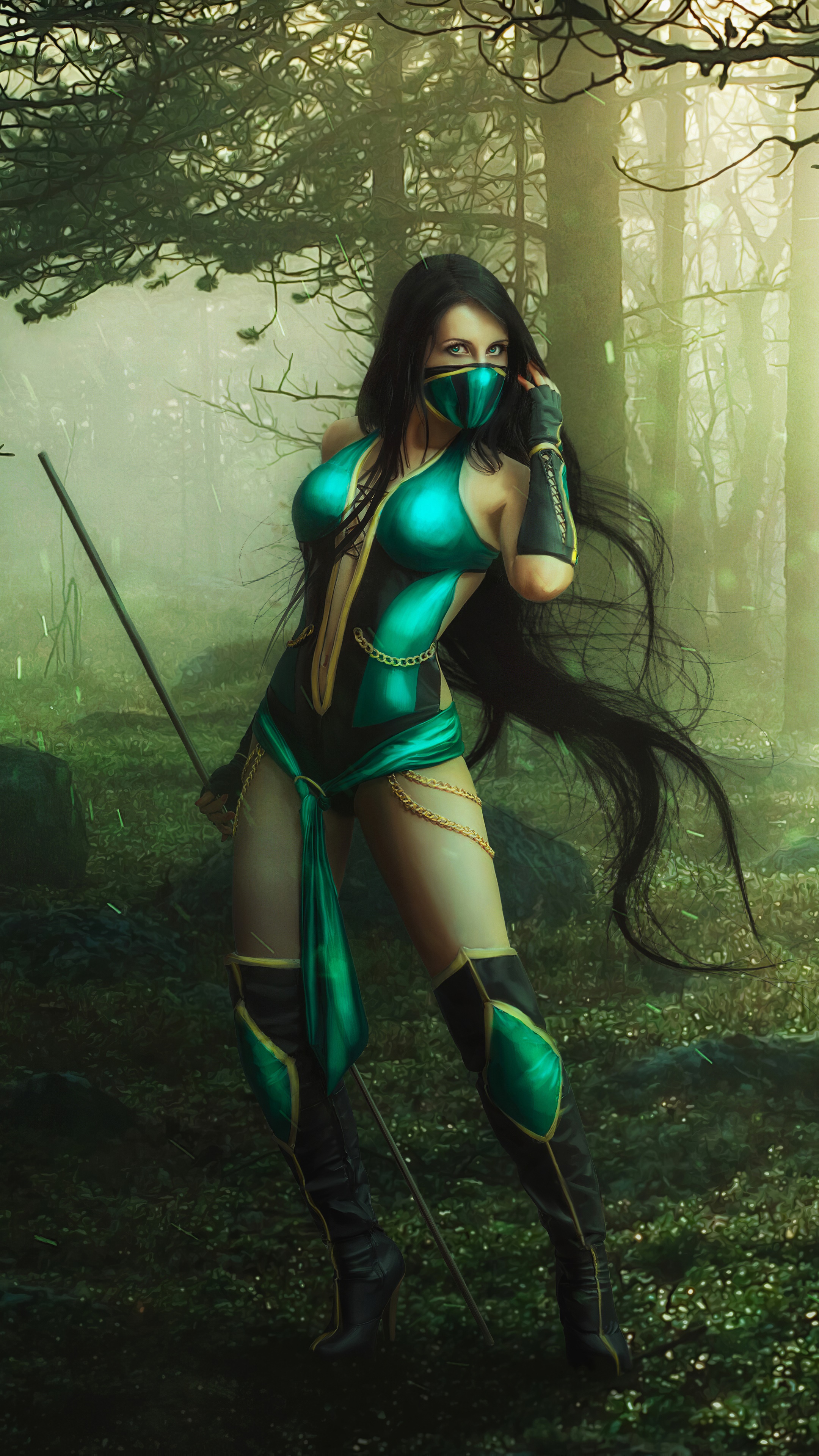 Jade from Mortal Kombat cosplay in forest HD Phone Wallpaper