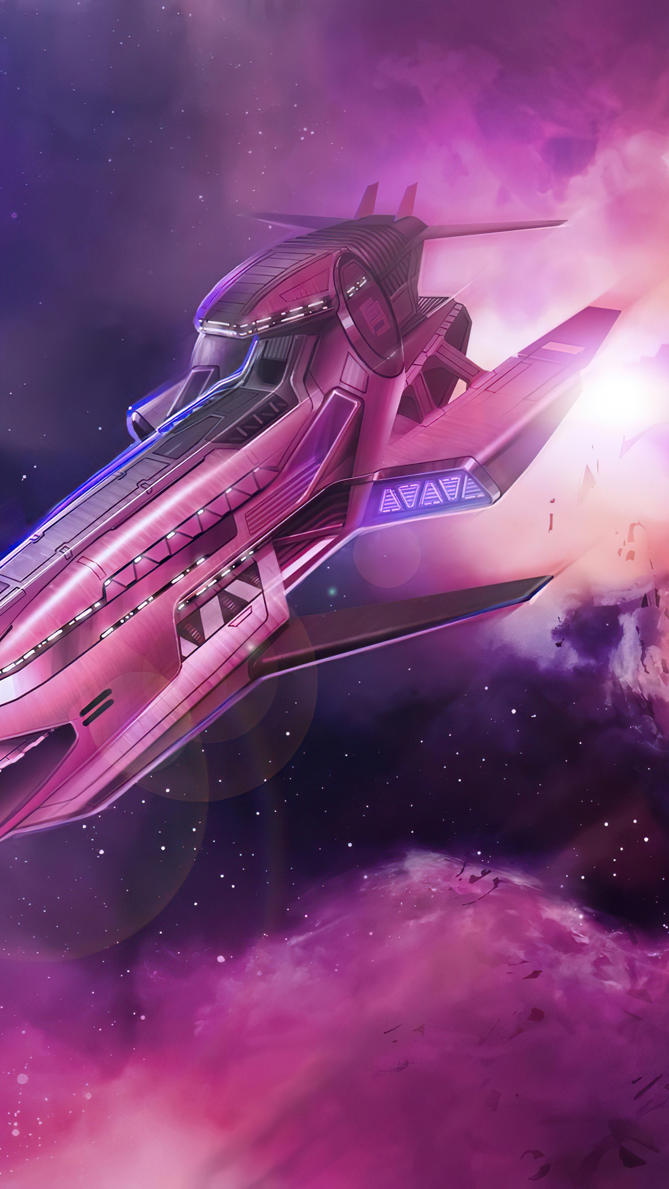 Pink Spaceship in Nebula HD Phone Wallpaper