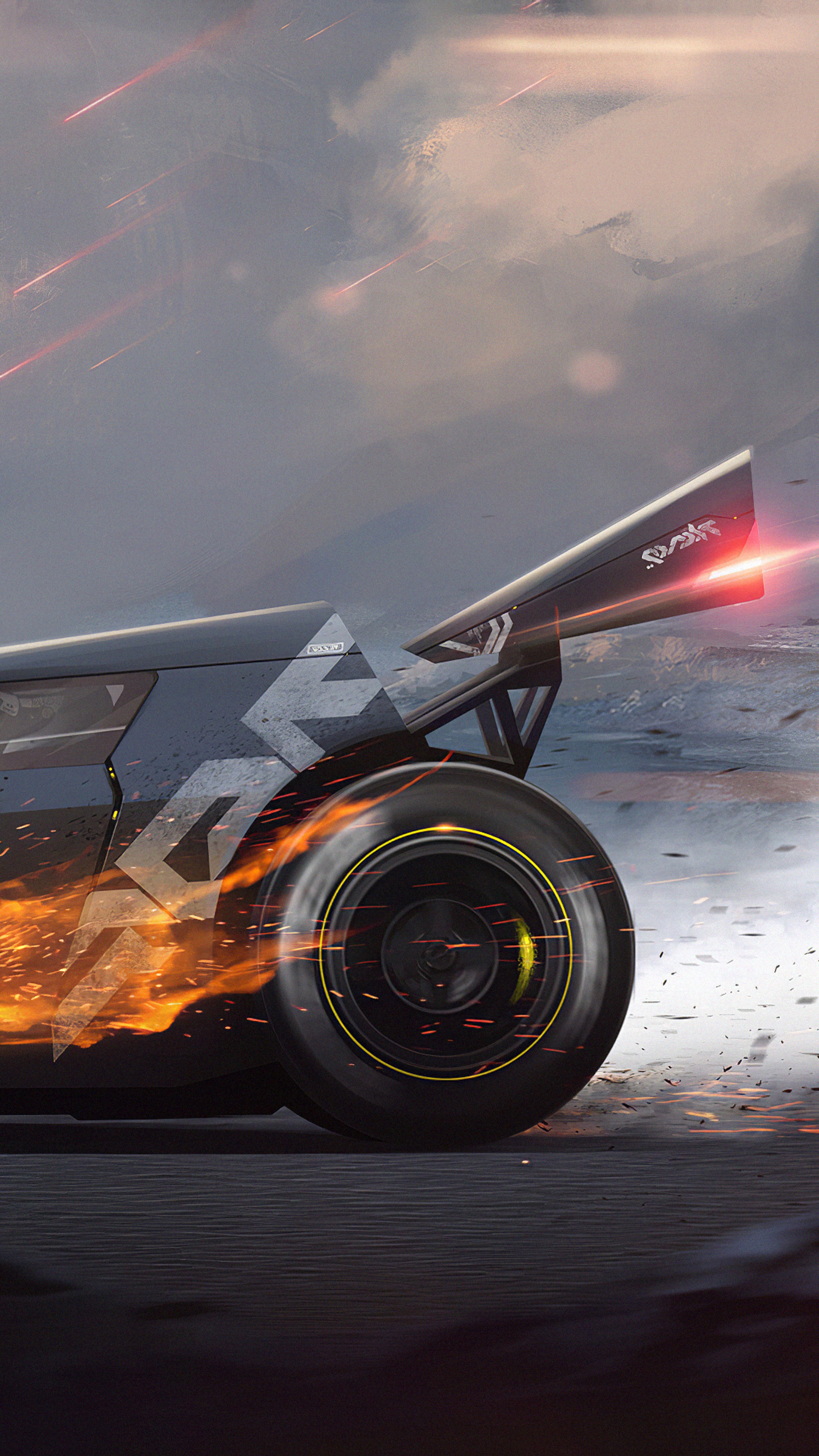 Artwork of a futuristic race car with flames HD Phone Wallpaper