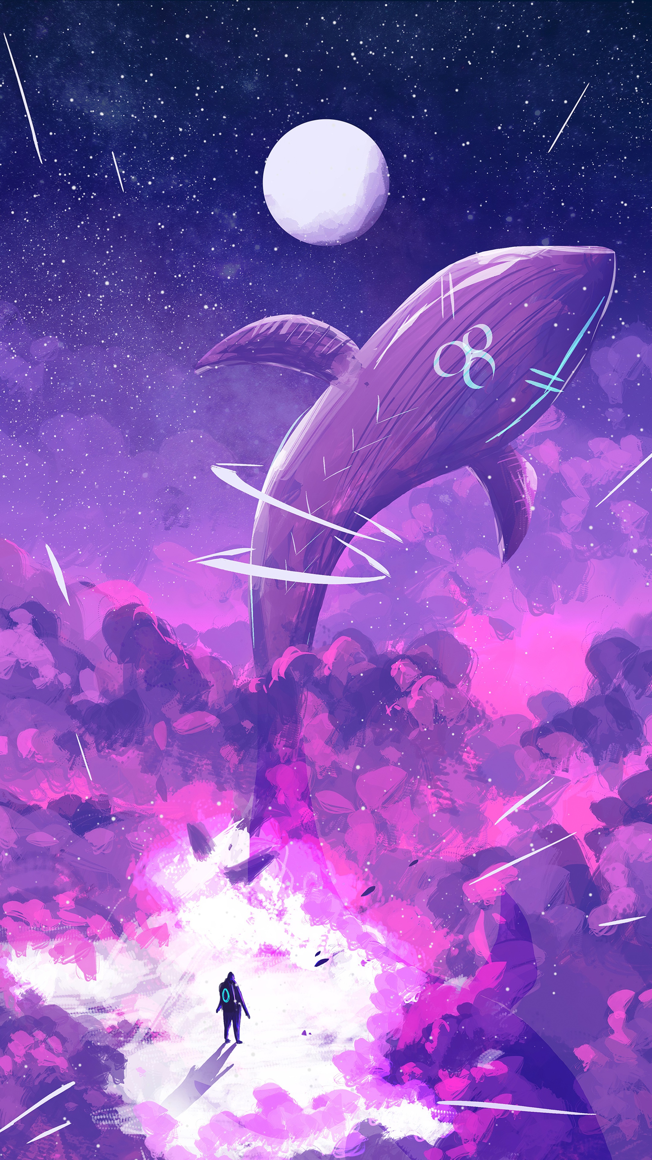 Purple whale in starry sky with moon and person HD Phone Wallpaper