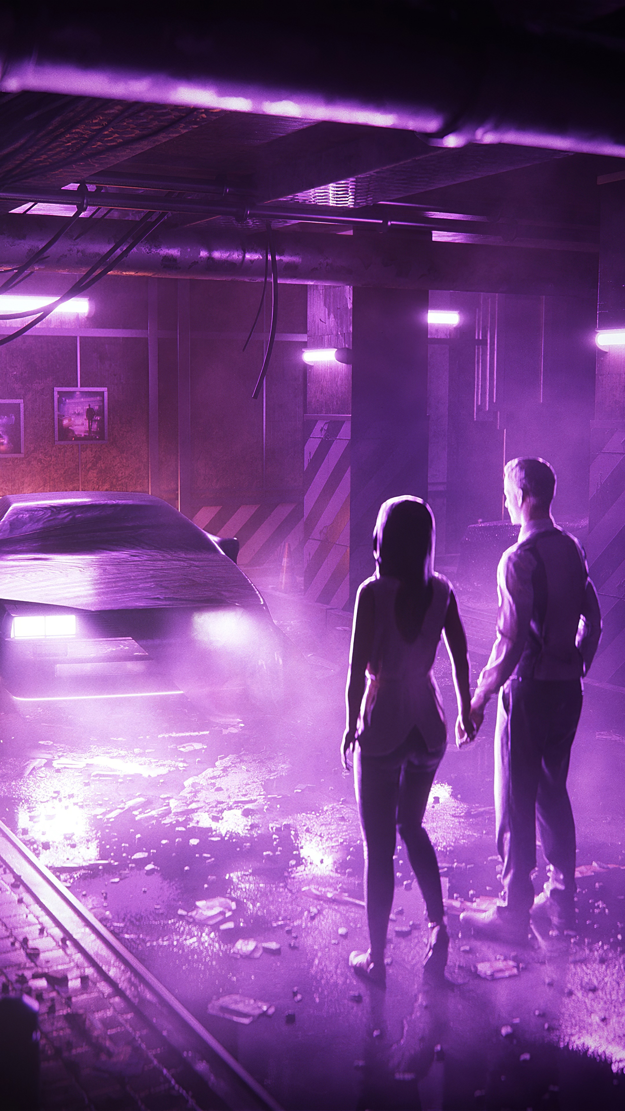 Couple holding hands in a neon-lit garage with a car HD Phone Wallpaper