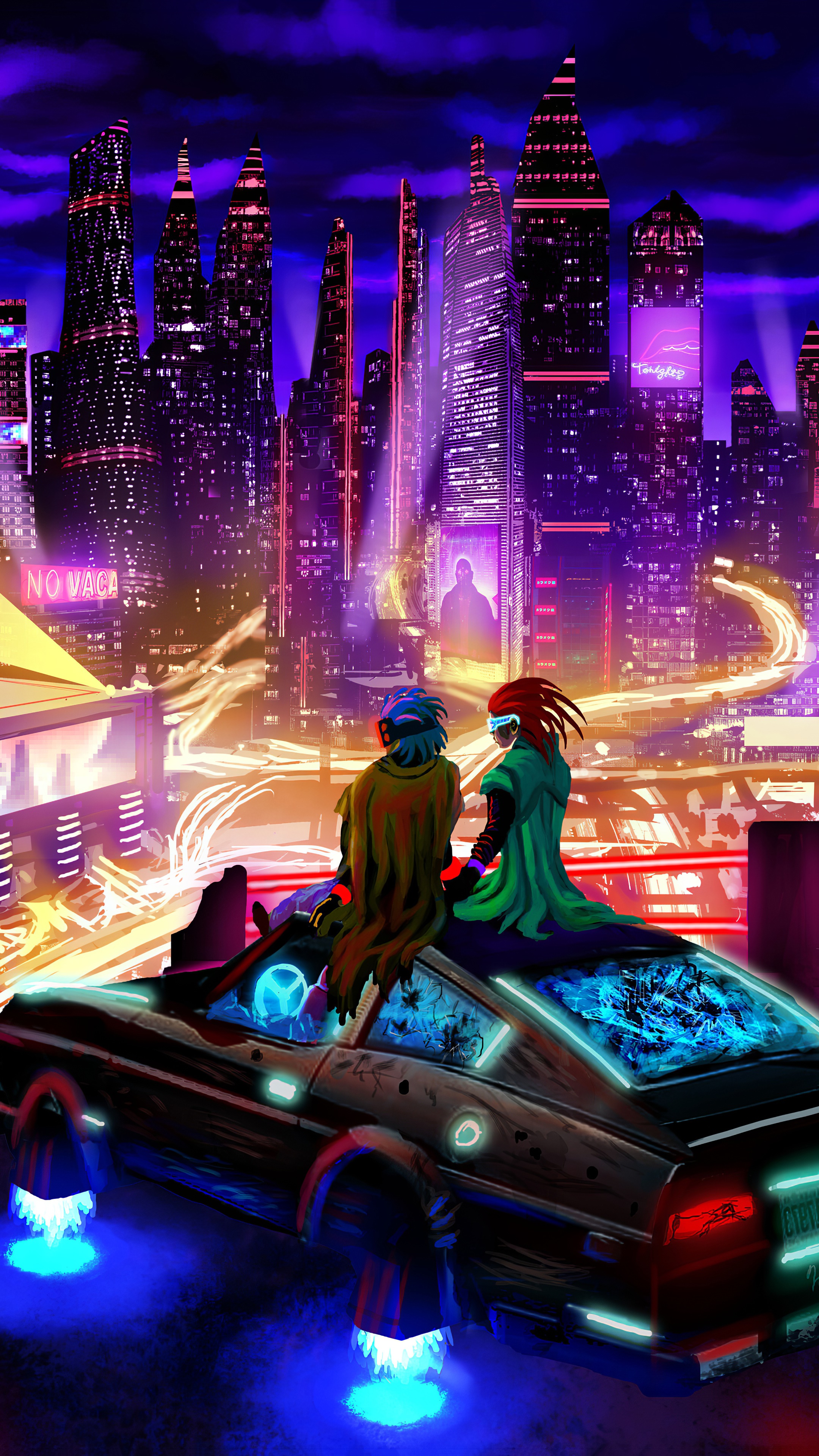 Cyberpunk artwork of two figures on a car overlooking a city HD Phone Wallpaper