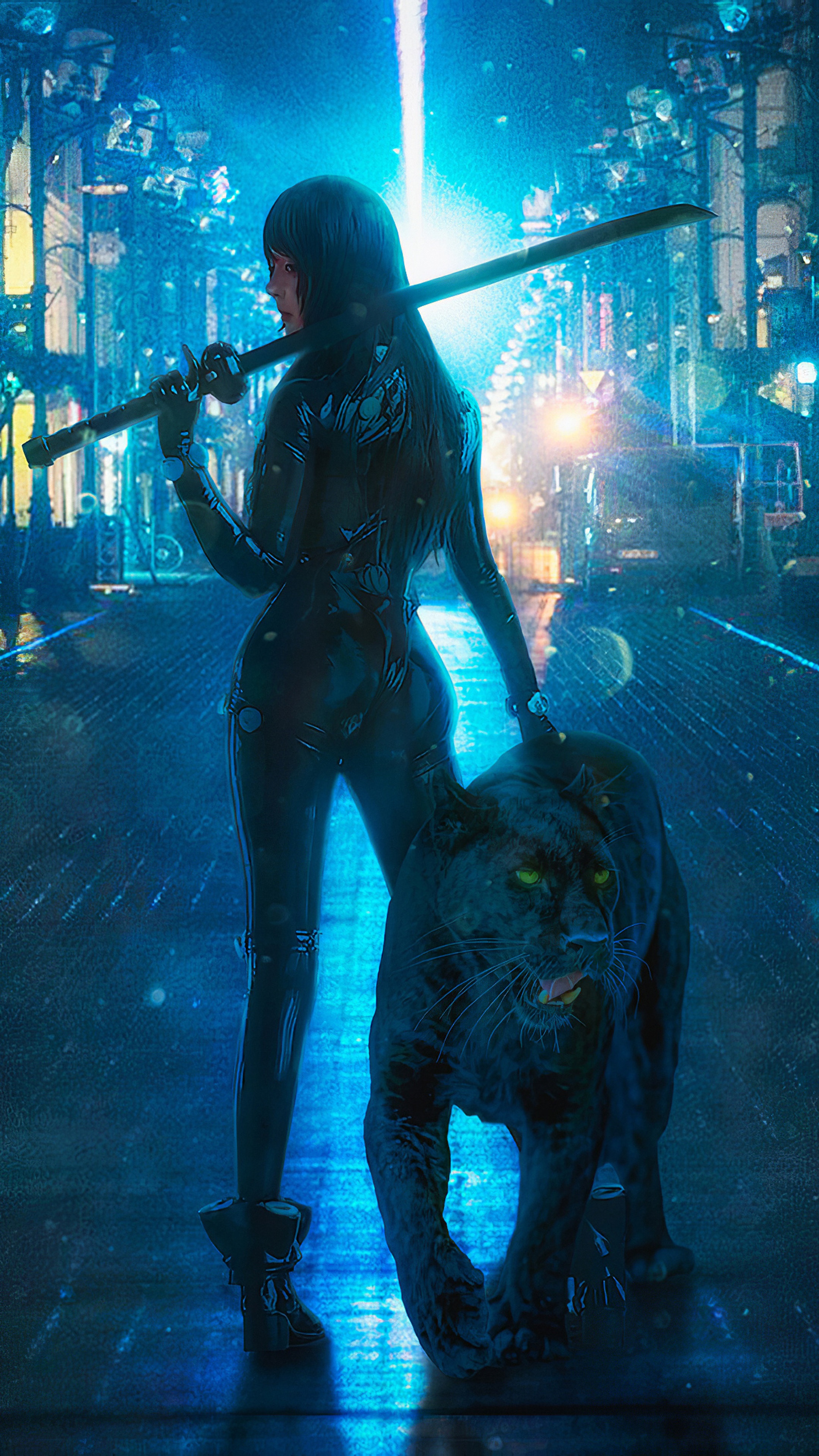 Cyberpunk woman with sword and panther HD Phone Wallpaper