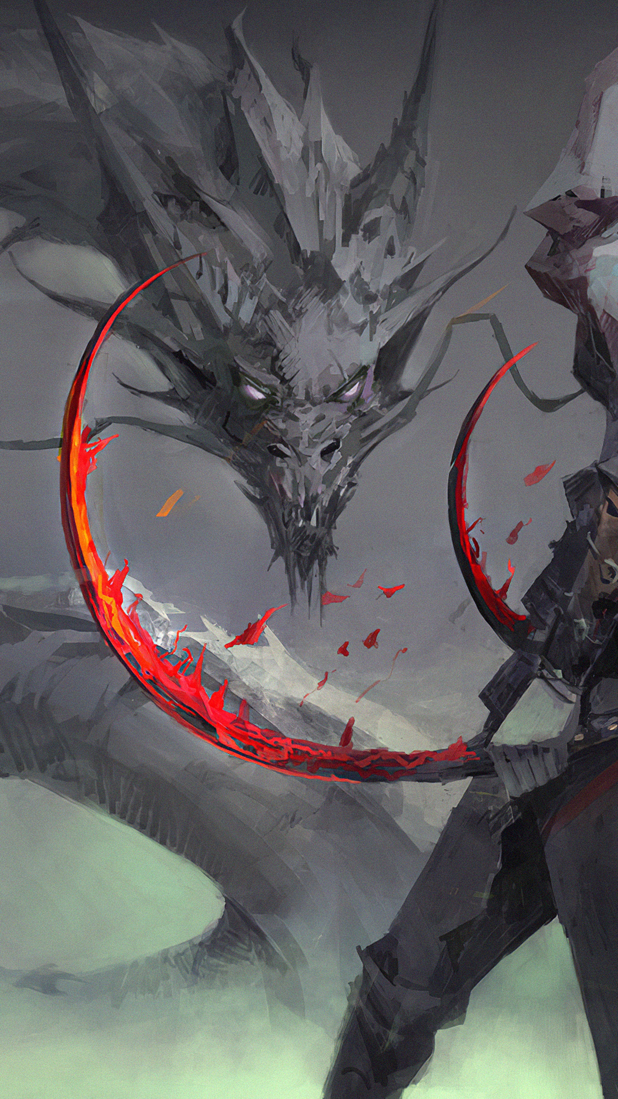 Dragon and warrior with flaming weapon HD Phone Wallpaper