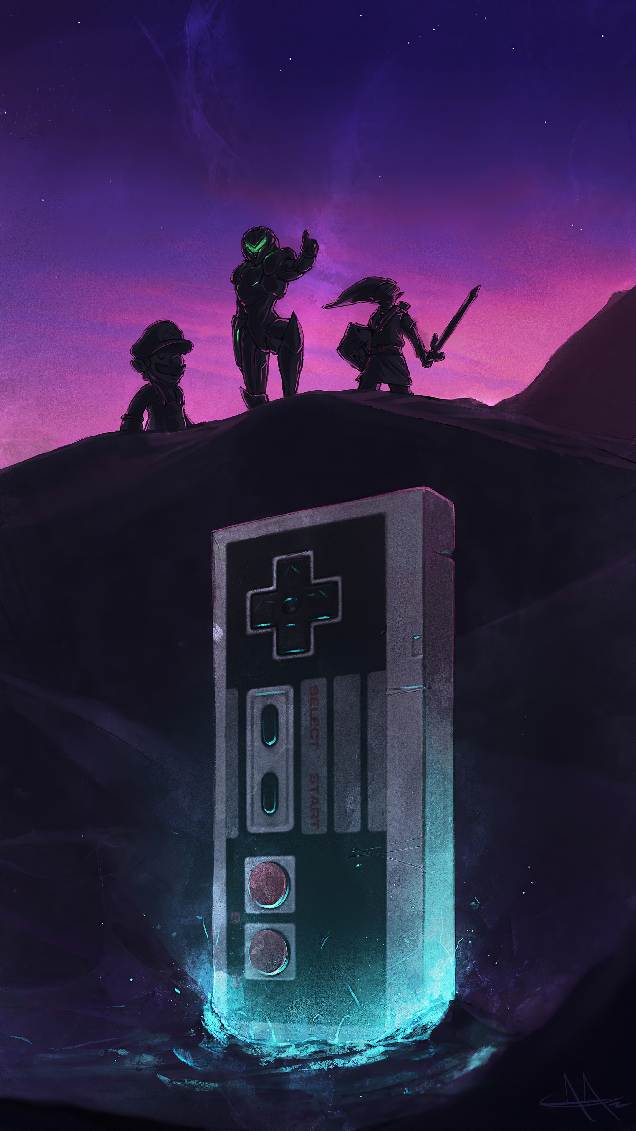 Mario, Master Chief, and Link with NES Controller HD Phone Wallpaper