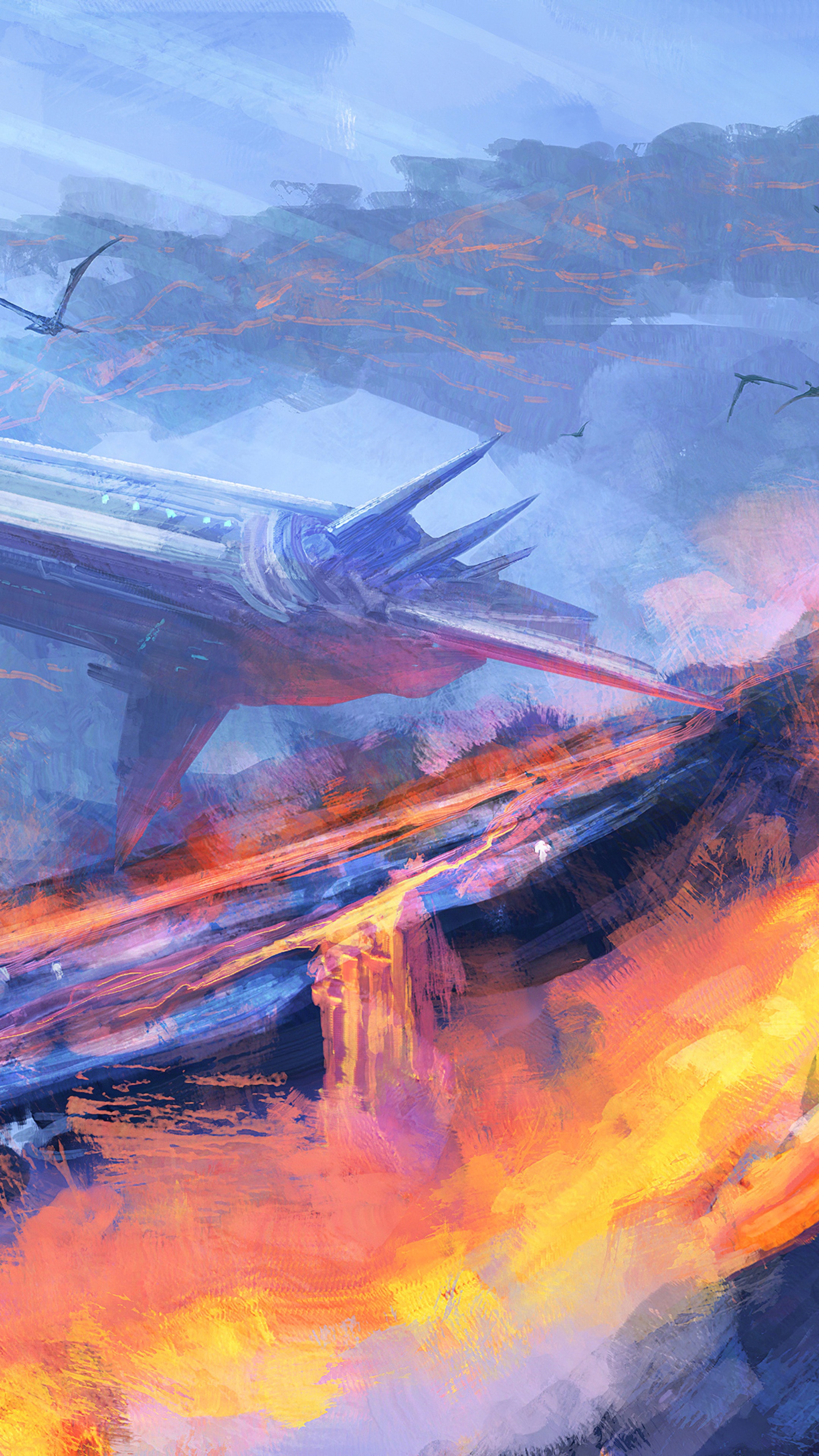 Alien landscape with spacecraft and lava flow HD Phone Wallpaper