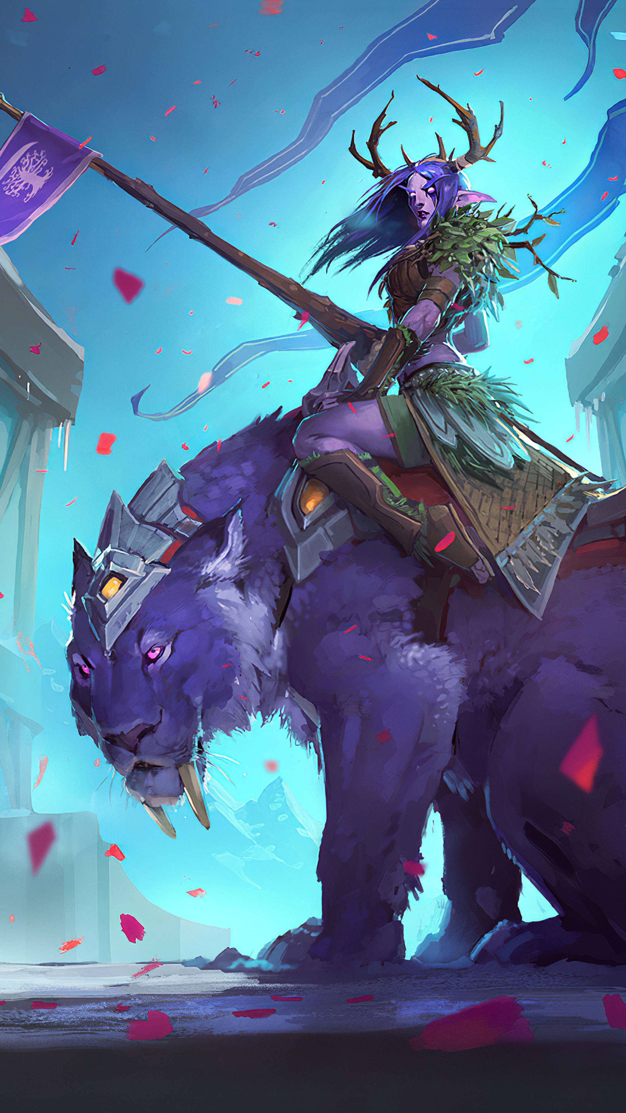 Female Elf Rider on a Purple Saber Mount in Hearthstone HD Phone Wallpaper