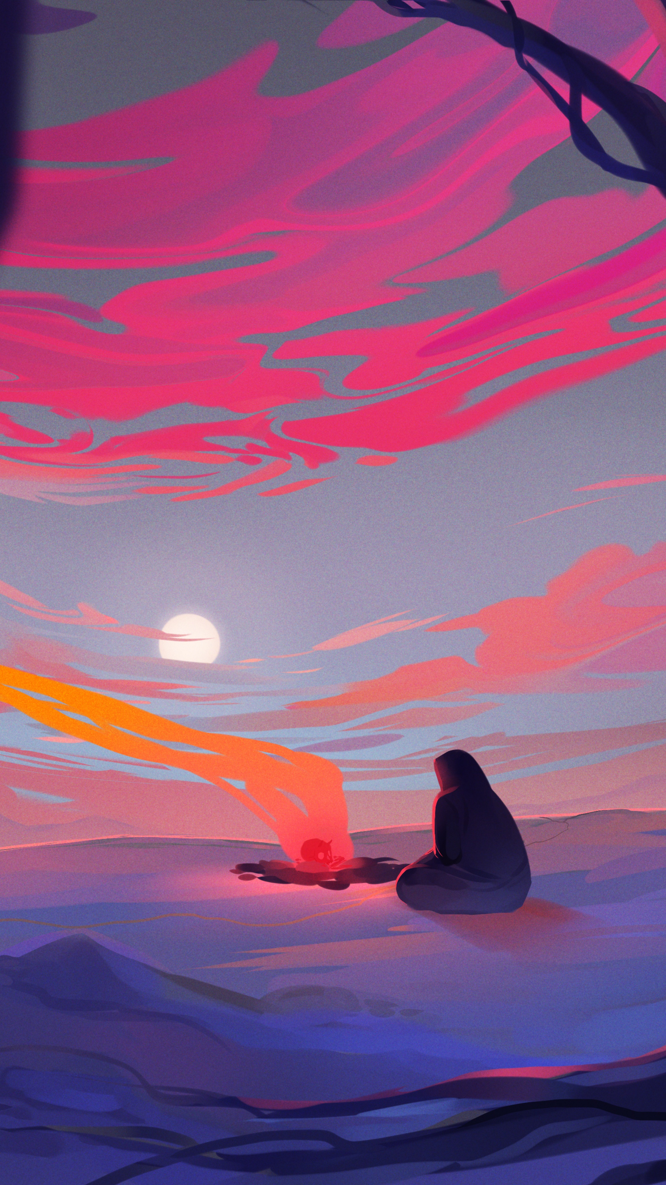 Person sitting by a campfire at sunset HD Phone Wallpaper