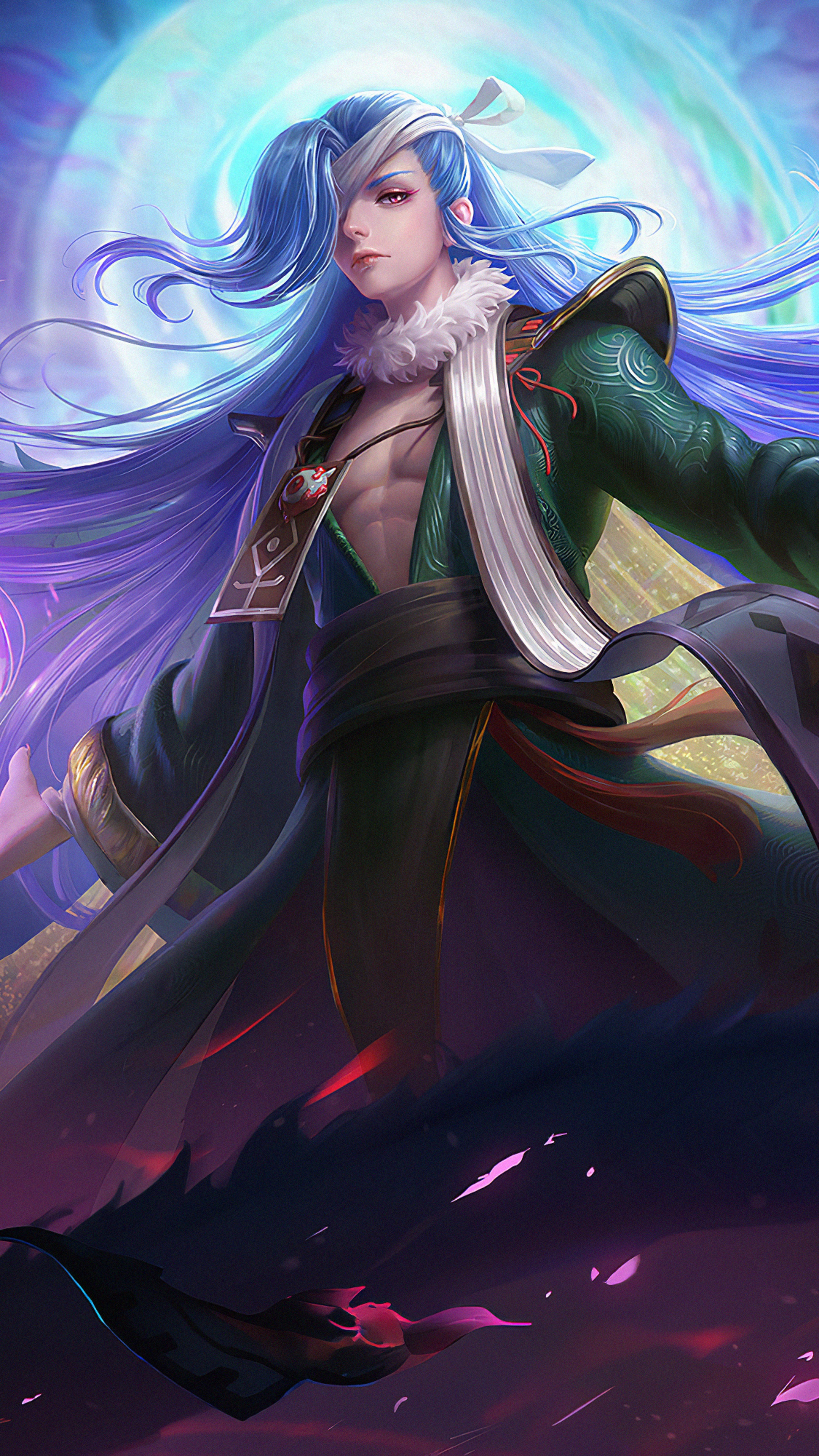 Warrior with blue hair and green robe HD Phone Wallpaper