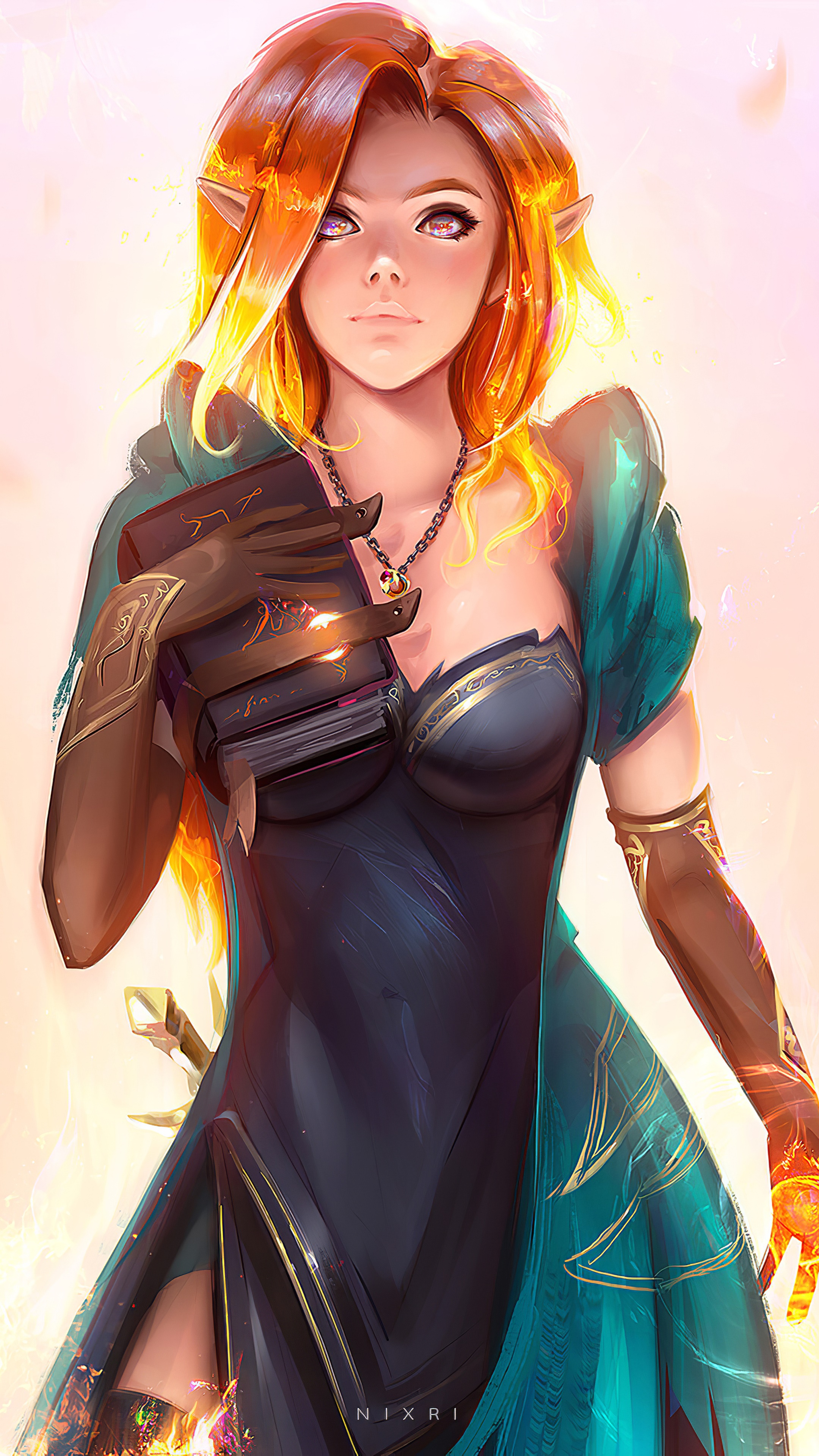Elf woman with fiery hair holding a book HD Phone Wallpaper