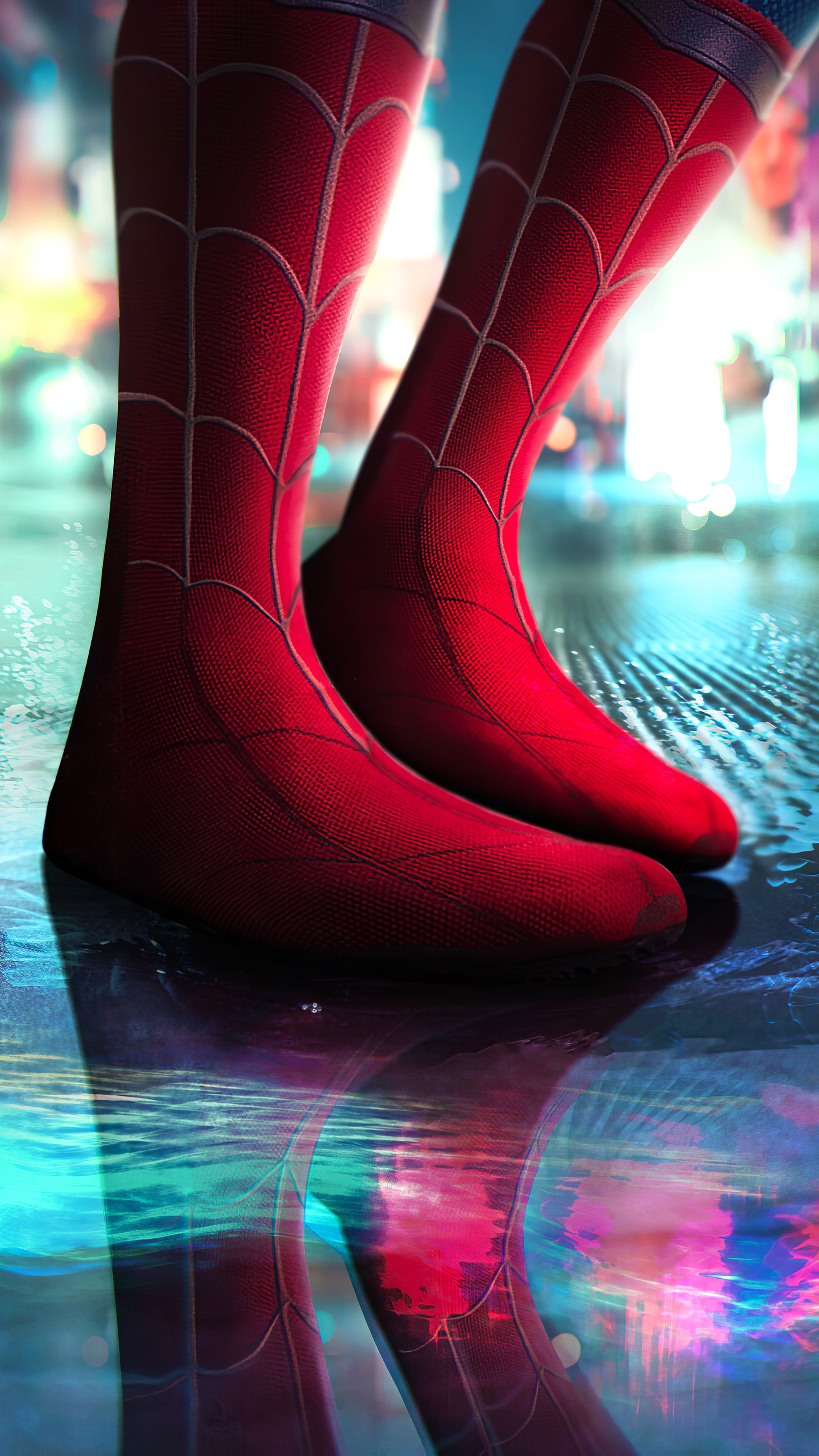 Spiderman's feet in red suit on wet ground HD Phone Wallpaper