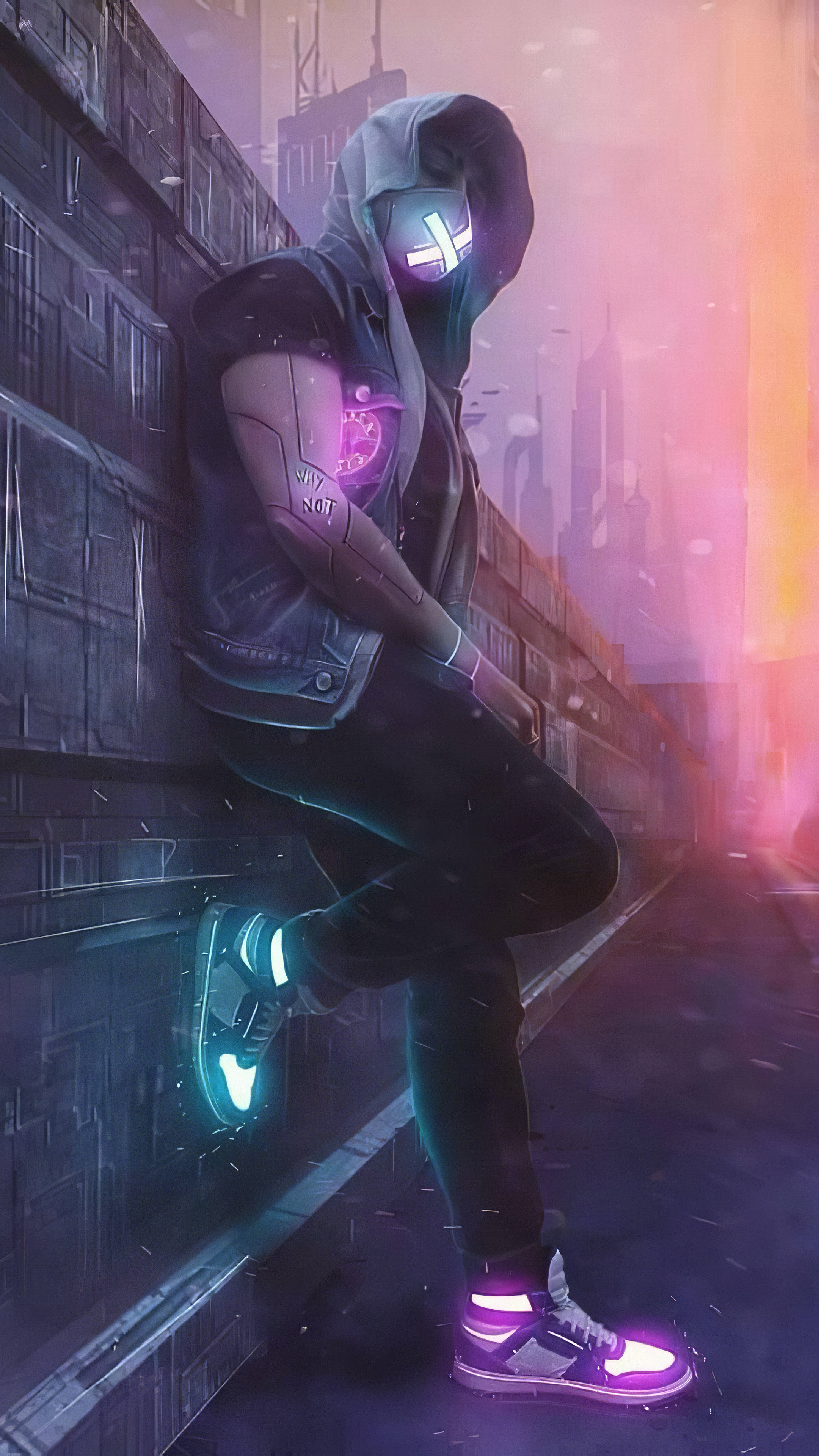 Cyberpunk character with glowing mask and arm HD Phone Wallpaper