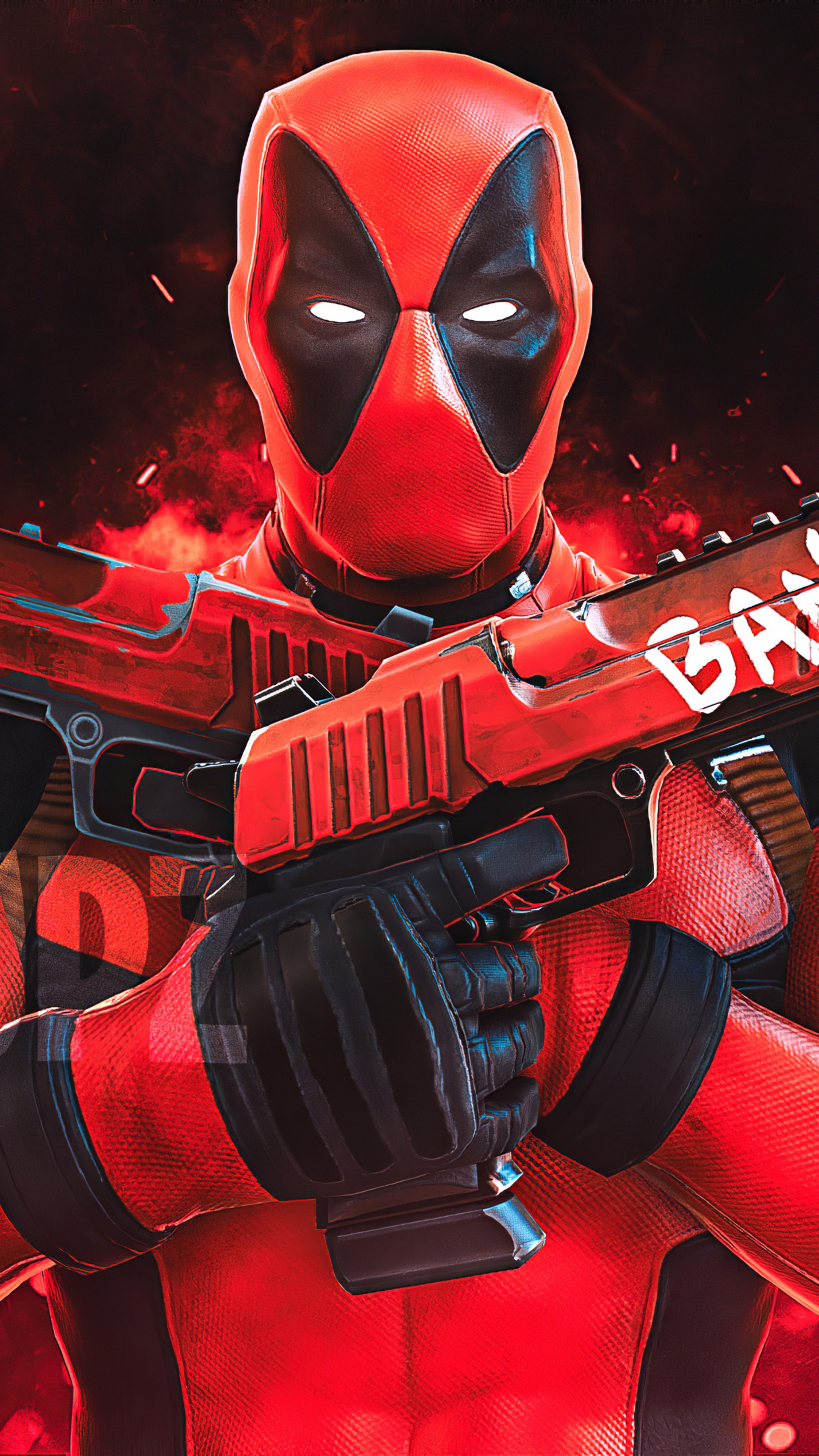 Deadpool from Marvel holding a gun HD Phone Wallpaper