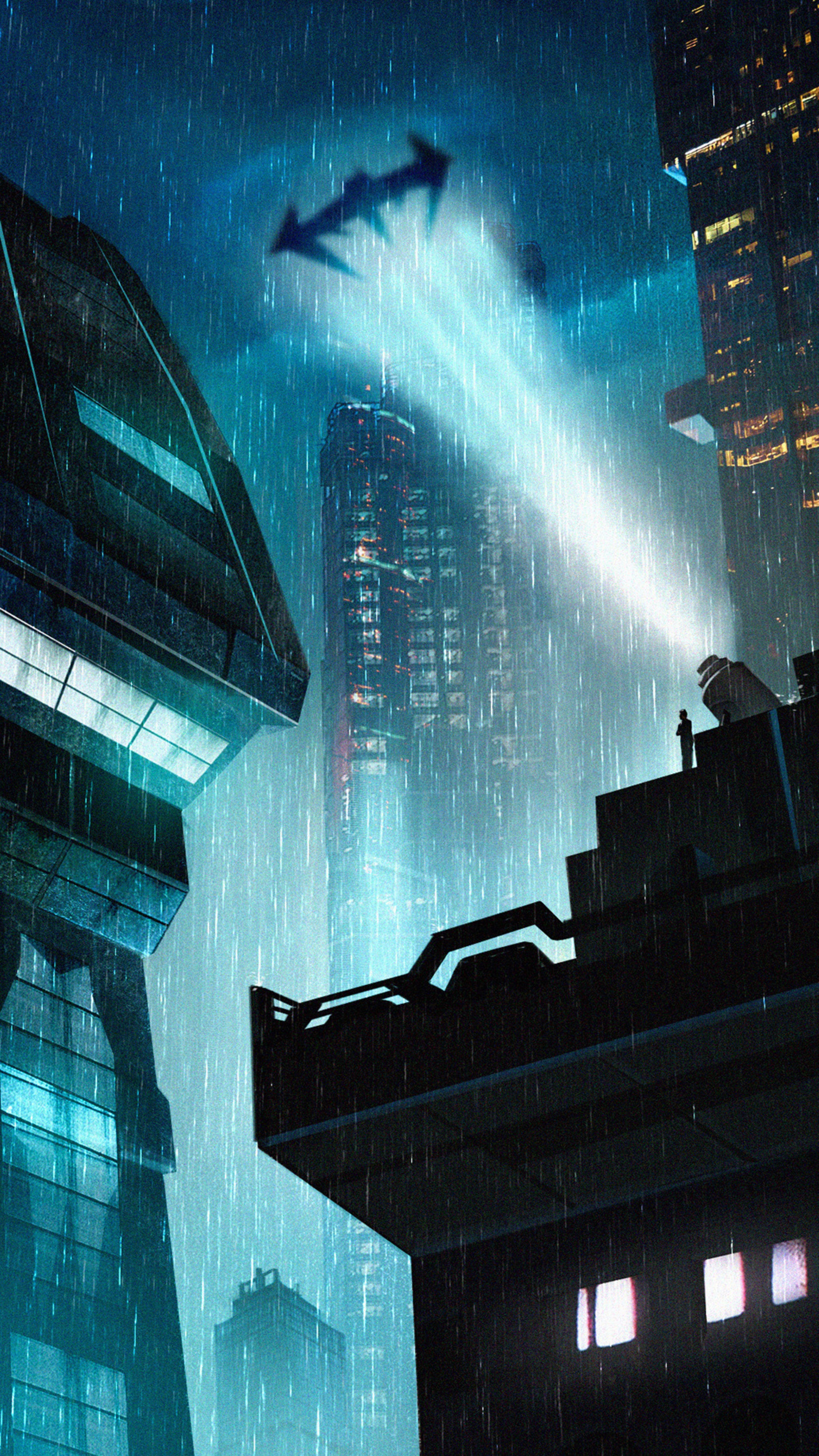 Batman Signal in a Rainy Futuristic City HD Phone Wallpaper