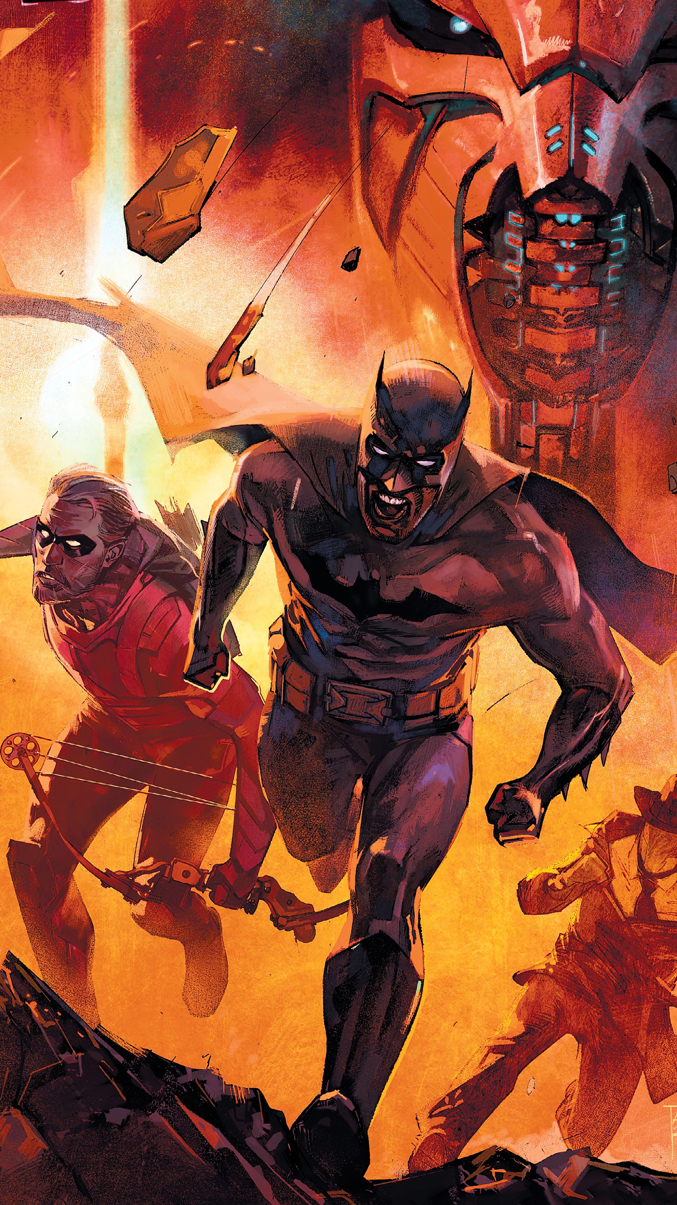 Batman and Robin running with a giant robot in the background HD Phone Wallpaper
