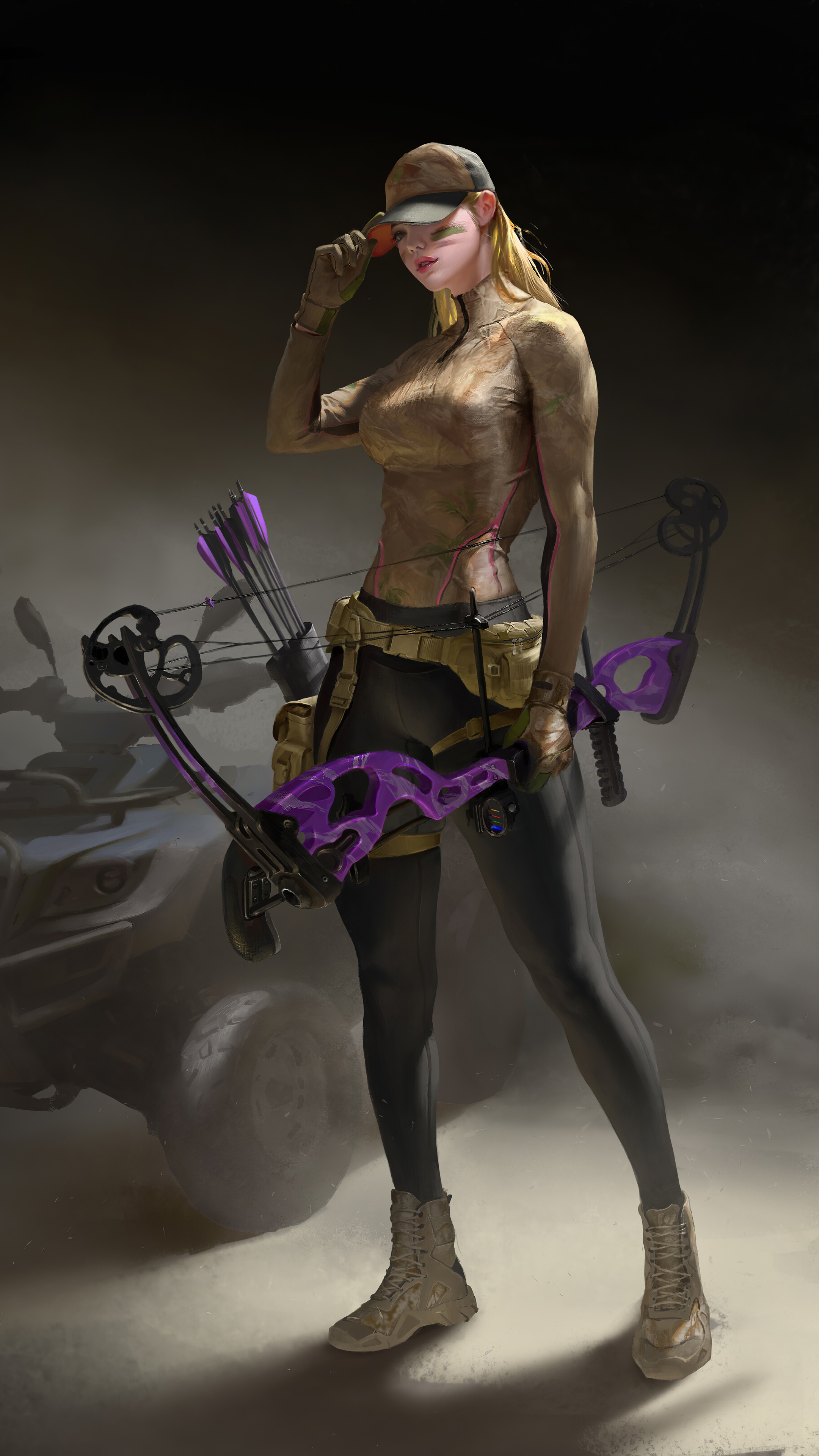 Woman with bow and arrows and ATV HD Phone Wallpaper