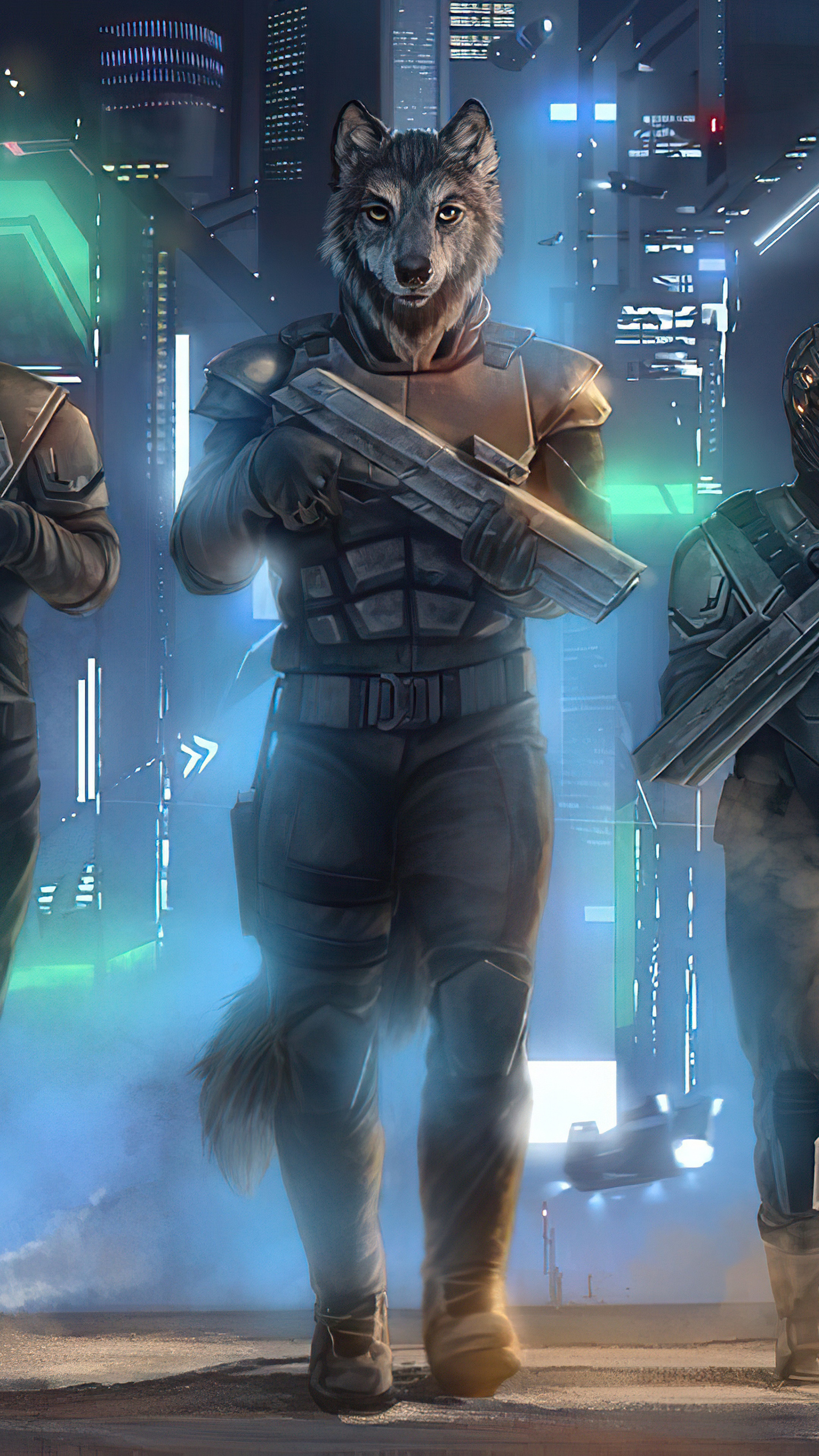 Anthropomorphic wolf police officers in futuristic city HD Phone Wallpaper