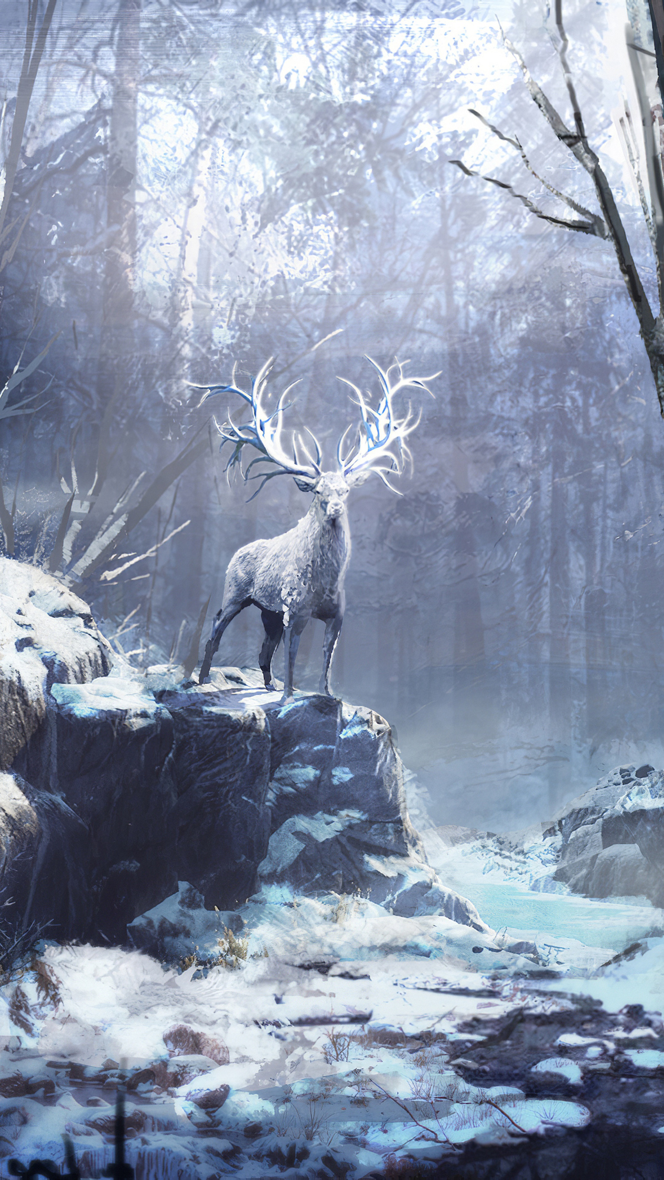 White stag with glowing antlers in a snowy forest HD Phone Wallpaper