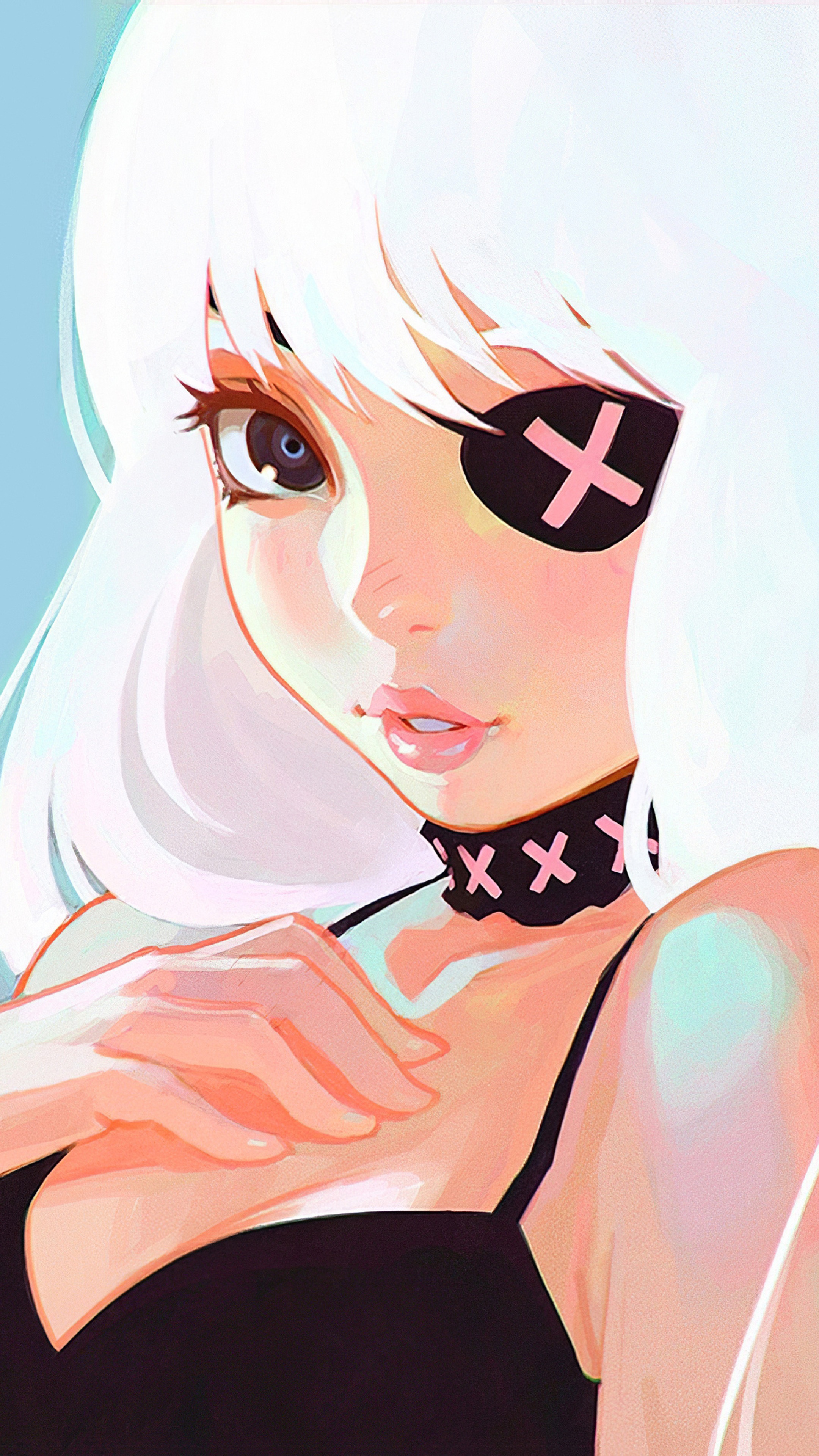 Anime girl with white hair and eyepatch HD Phone Wallpaper