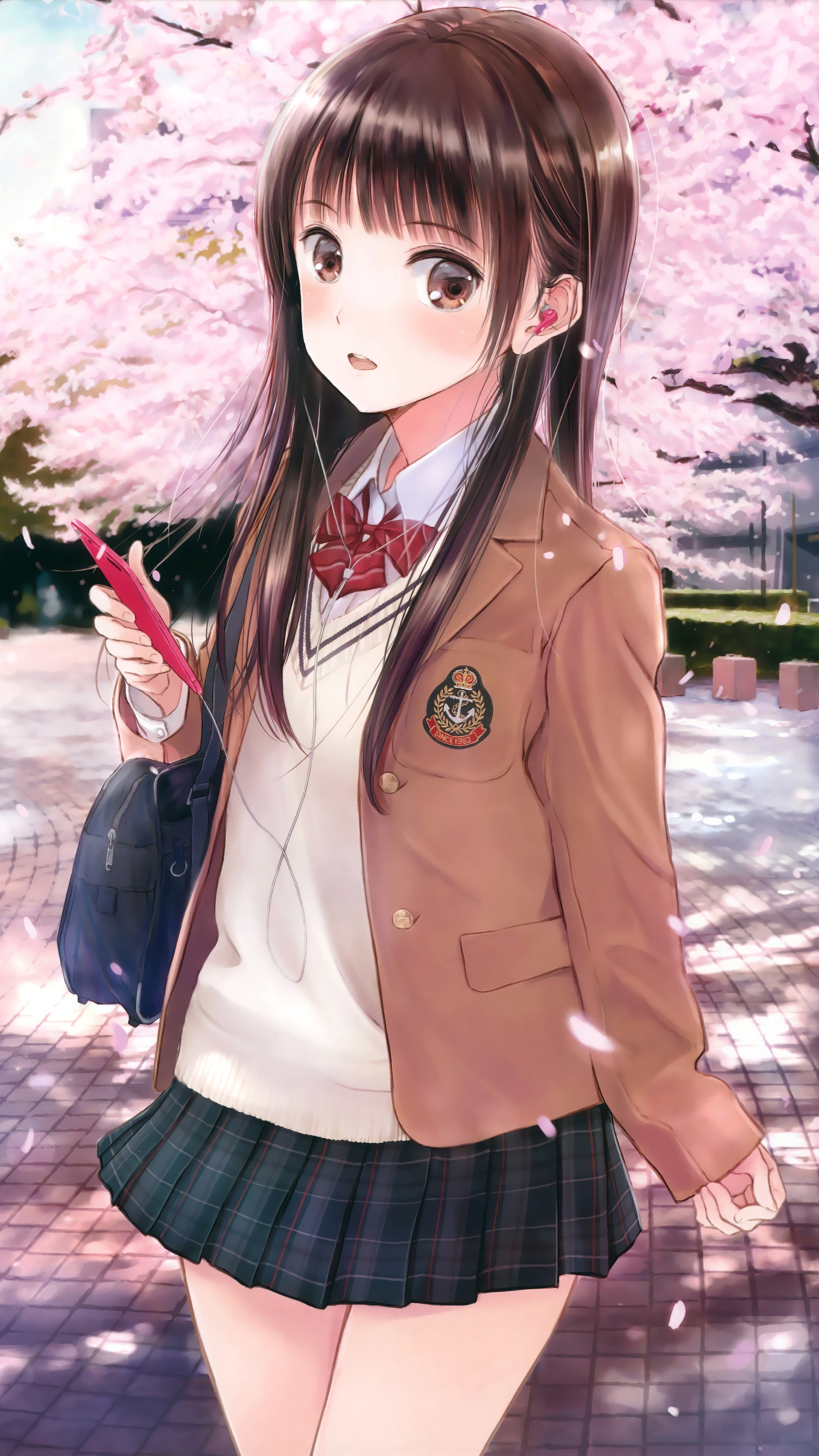 Anime girl in school uniform with headphones HD Phone Wallpaper