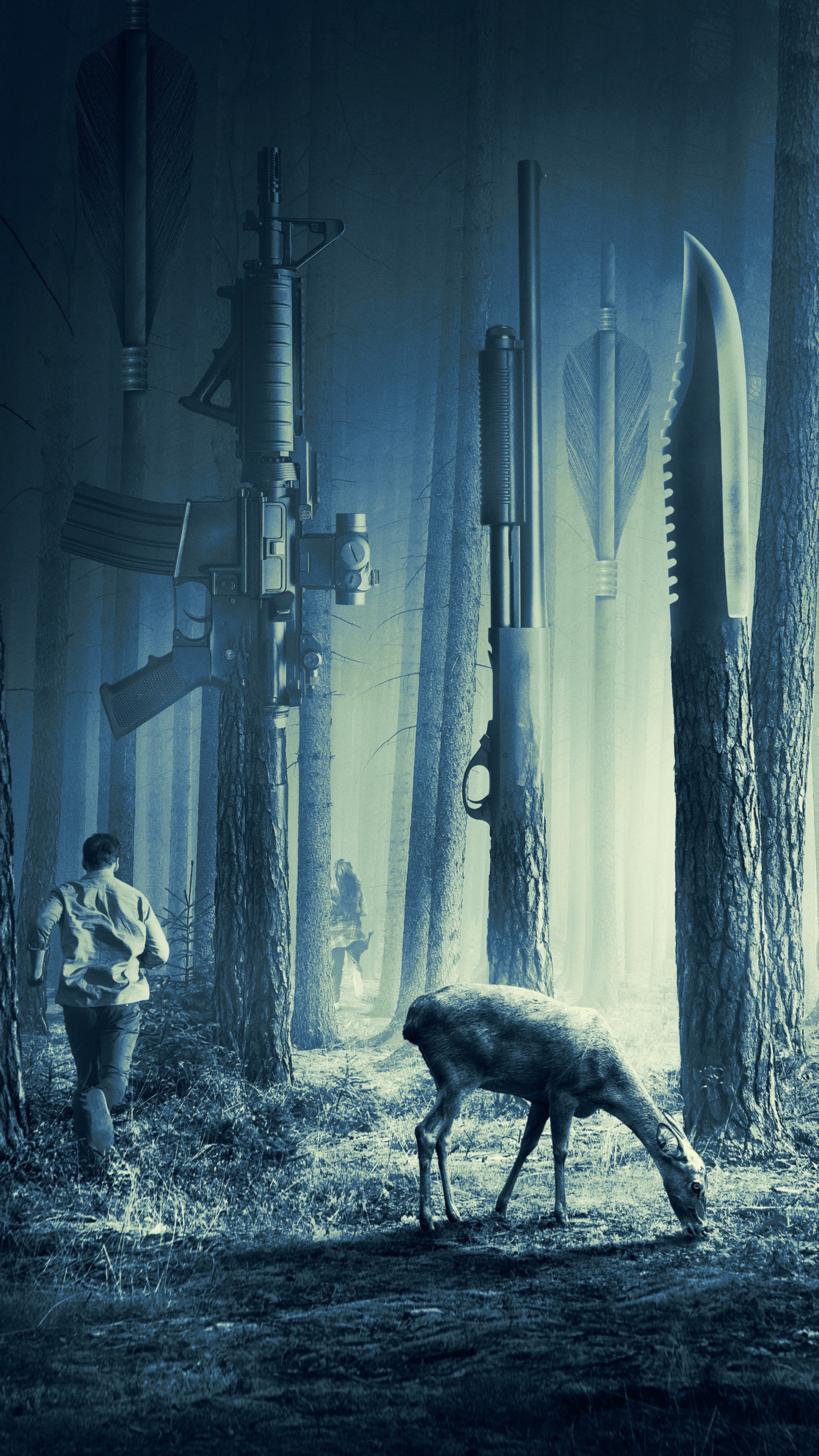 Forest with guns, deer, and people HD Phone Wallpaper