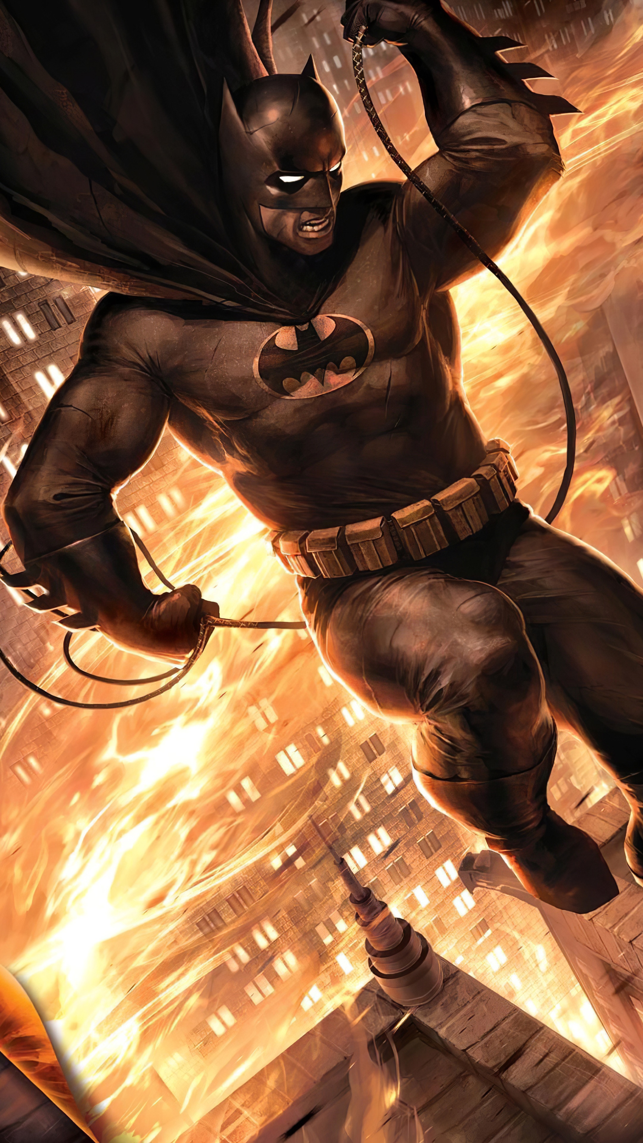 Batman in a burning city HD Phone Wallpaper
