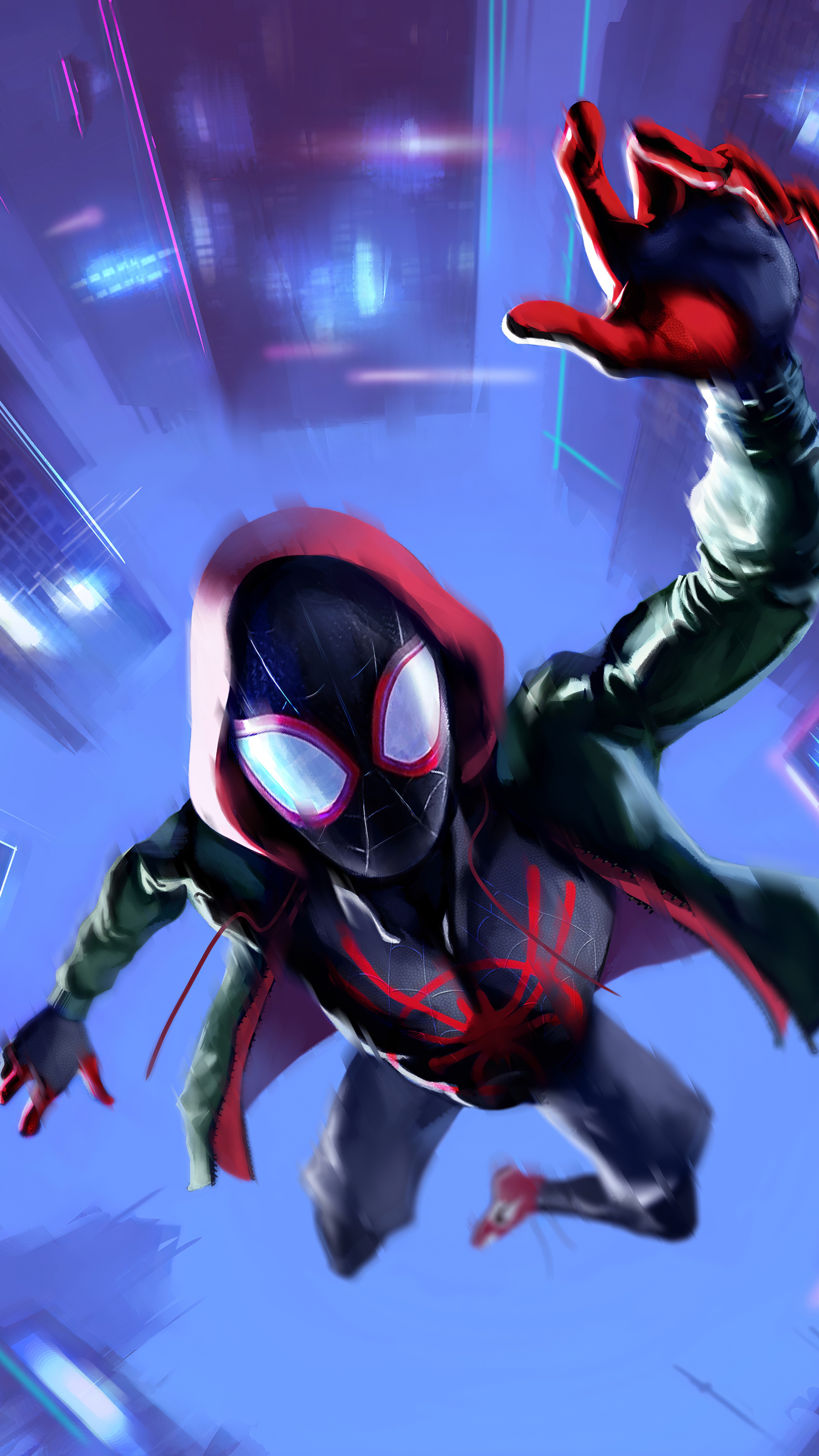 Spider-Man (Miles Morales) swinging through a city HD Phone Wallpaper