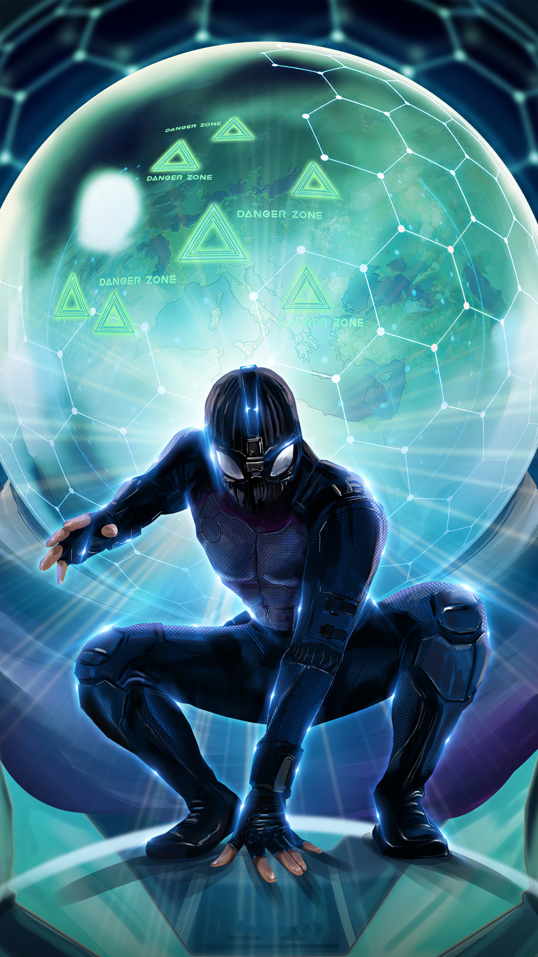 Spider-Man in a futuristic suit crouches in front of a holographic globe HD Phone Wallpaper