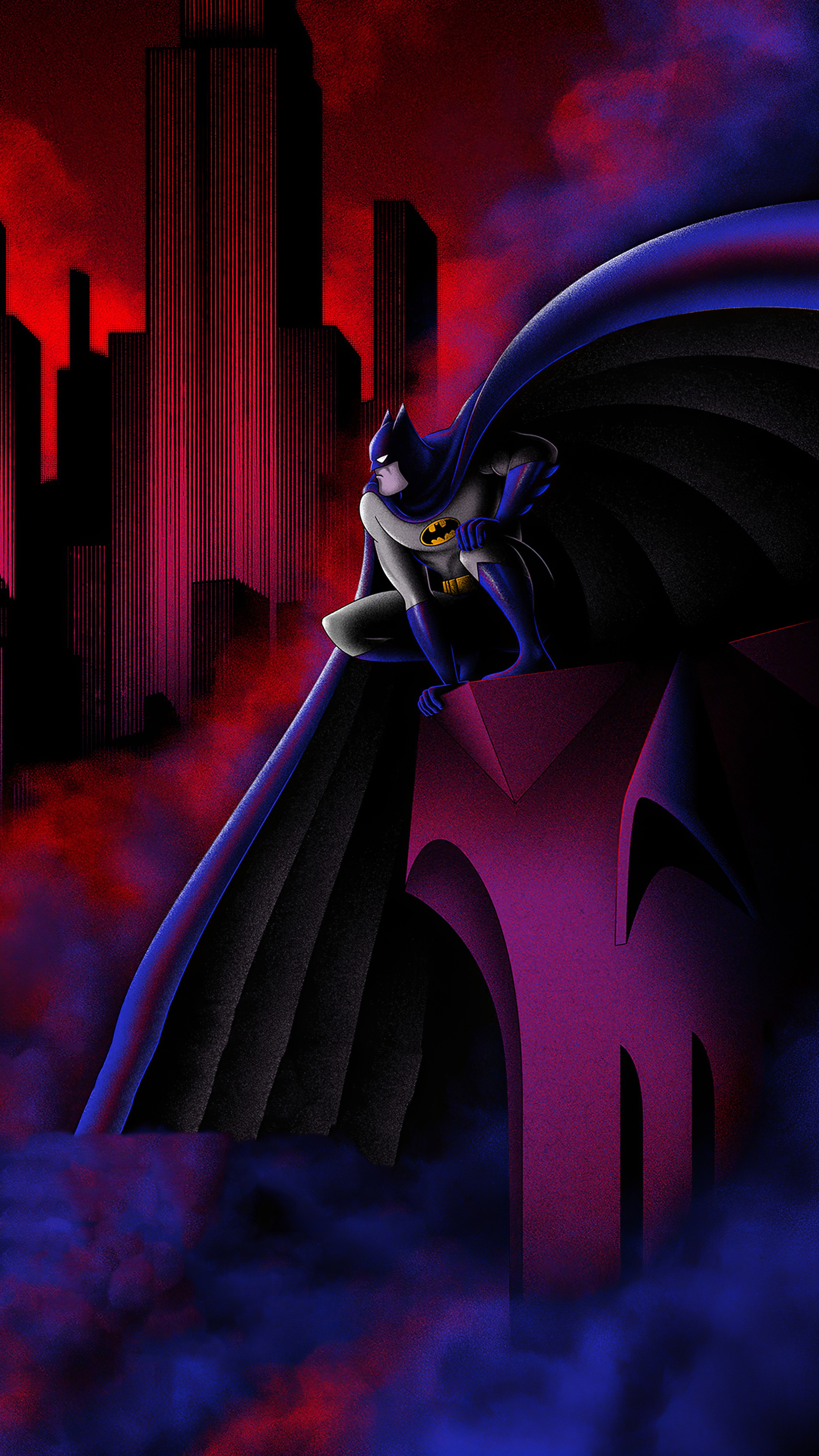Batman perched on a gargoyle overlooking Gotham City HD Phone Wallpaper
