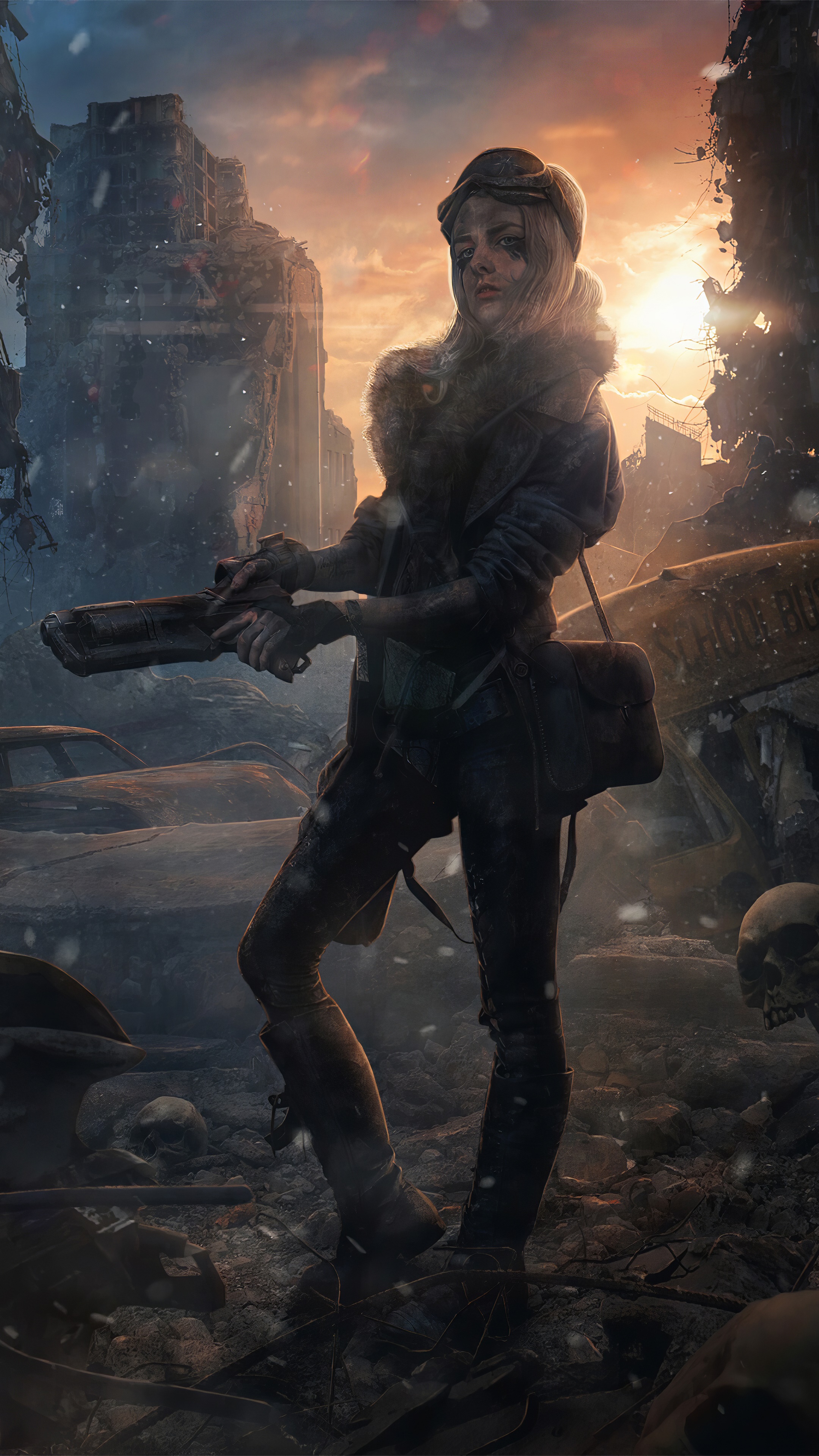 Post-apocalyptic woman with a rifle in ruins HD Phone Wallpaper