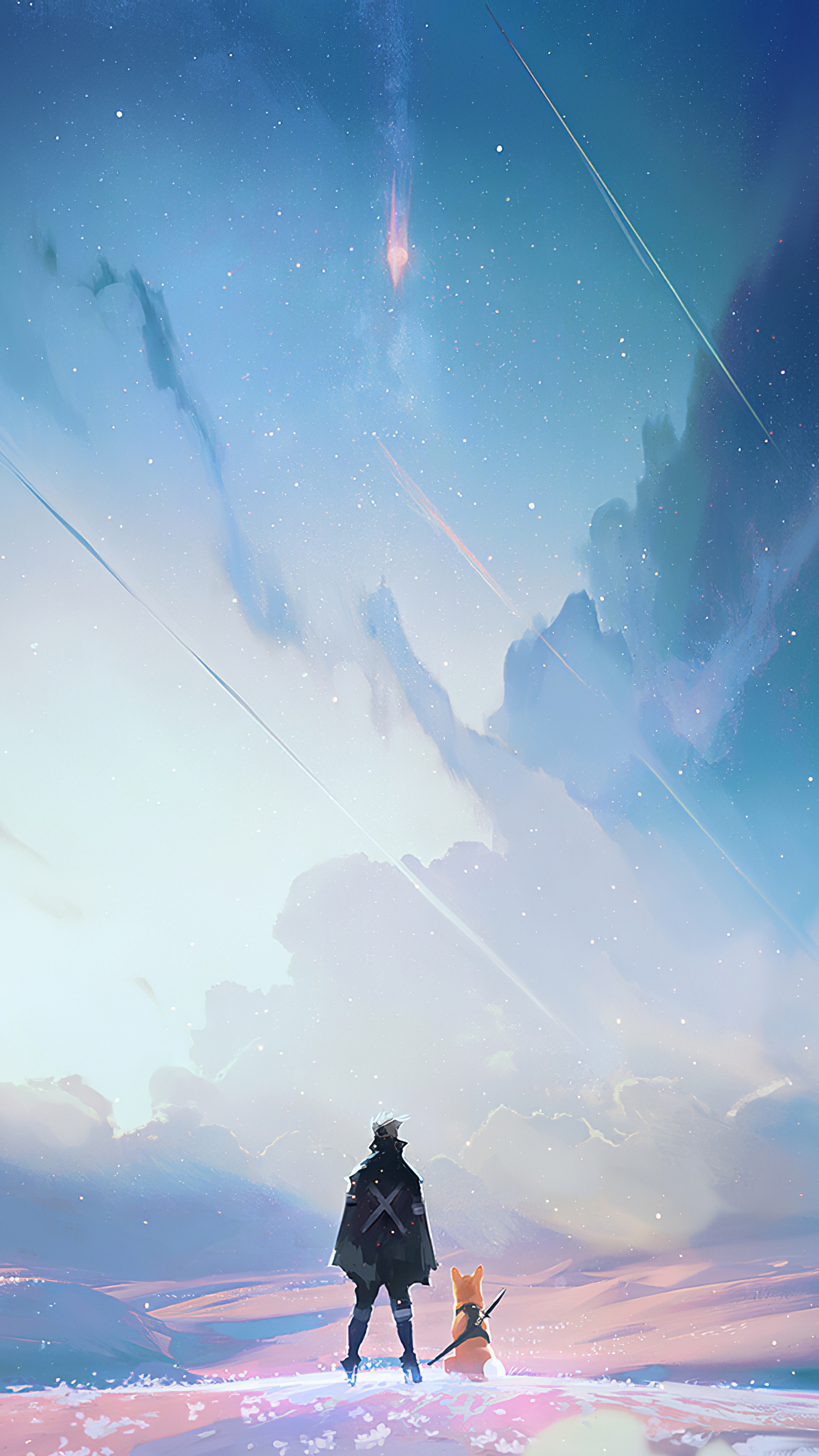 Person and dog looking at the sky HD Phone Wallpaper