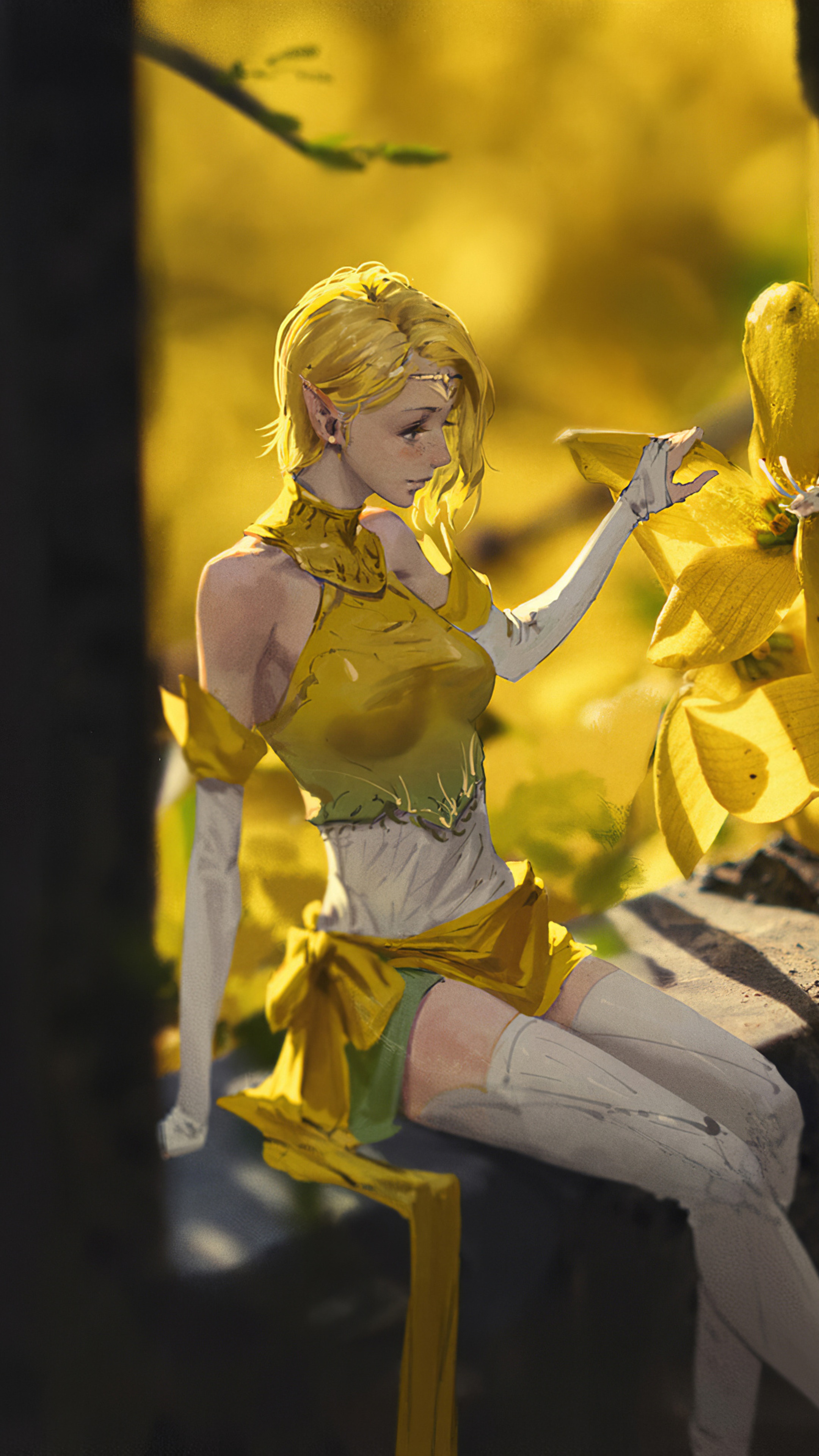 Elf girl in yellow dress with flowers HD Phone Wallpaper