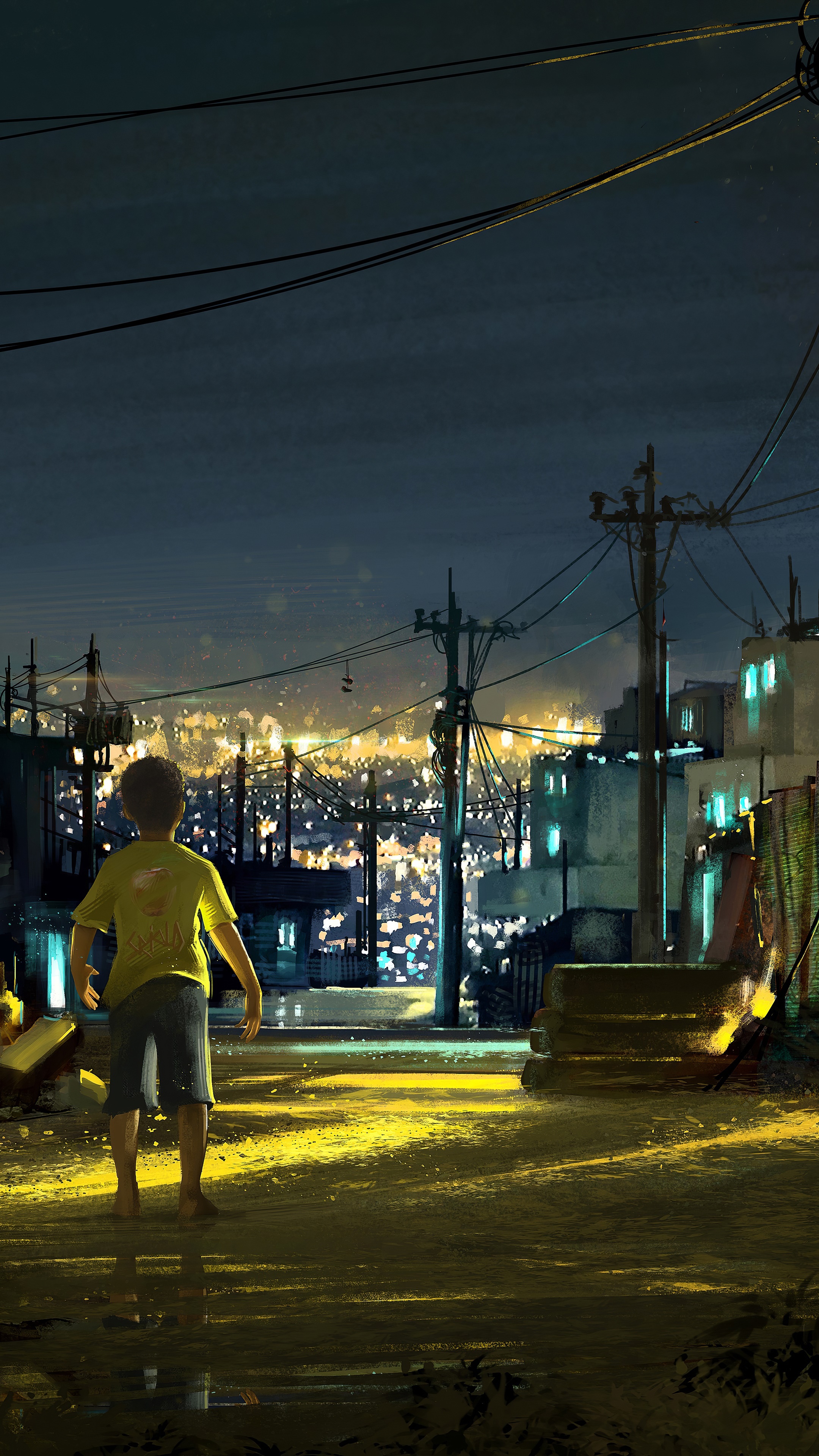 Child looking at a city at night HD Phone Wallpaper