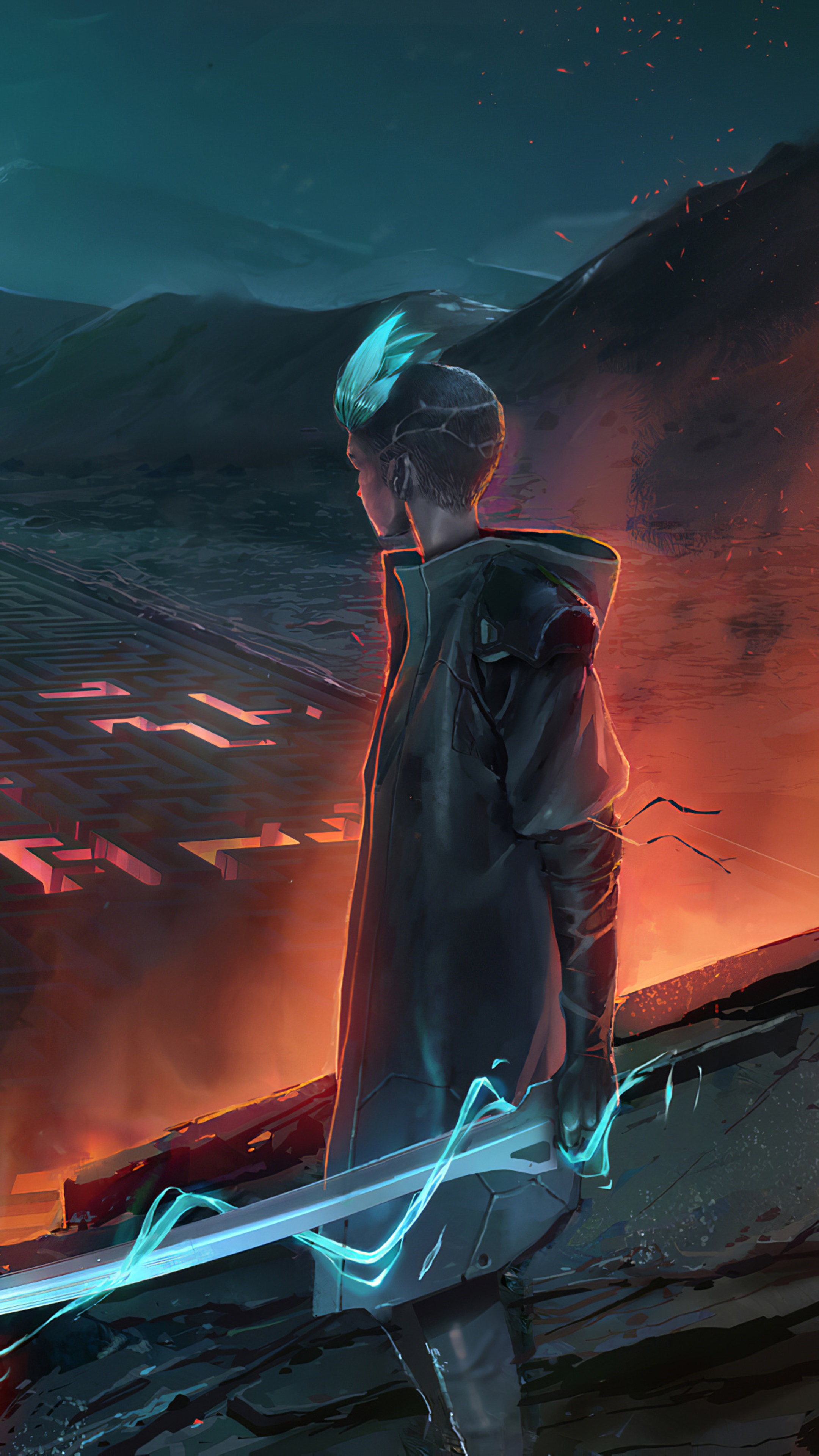 Warrior with glowing sword in a desolate landscape HD Phone Wallpaper