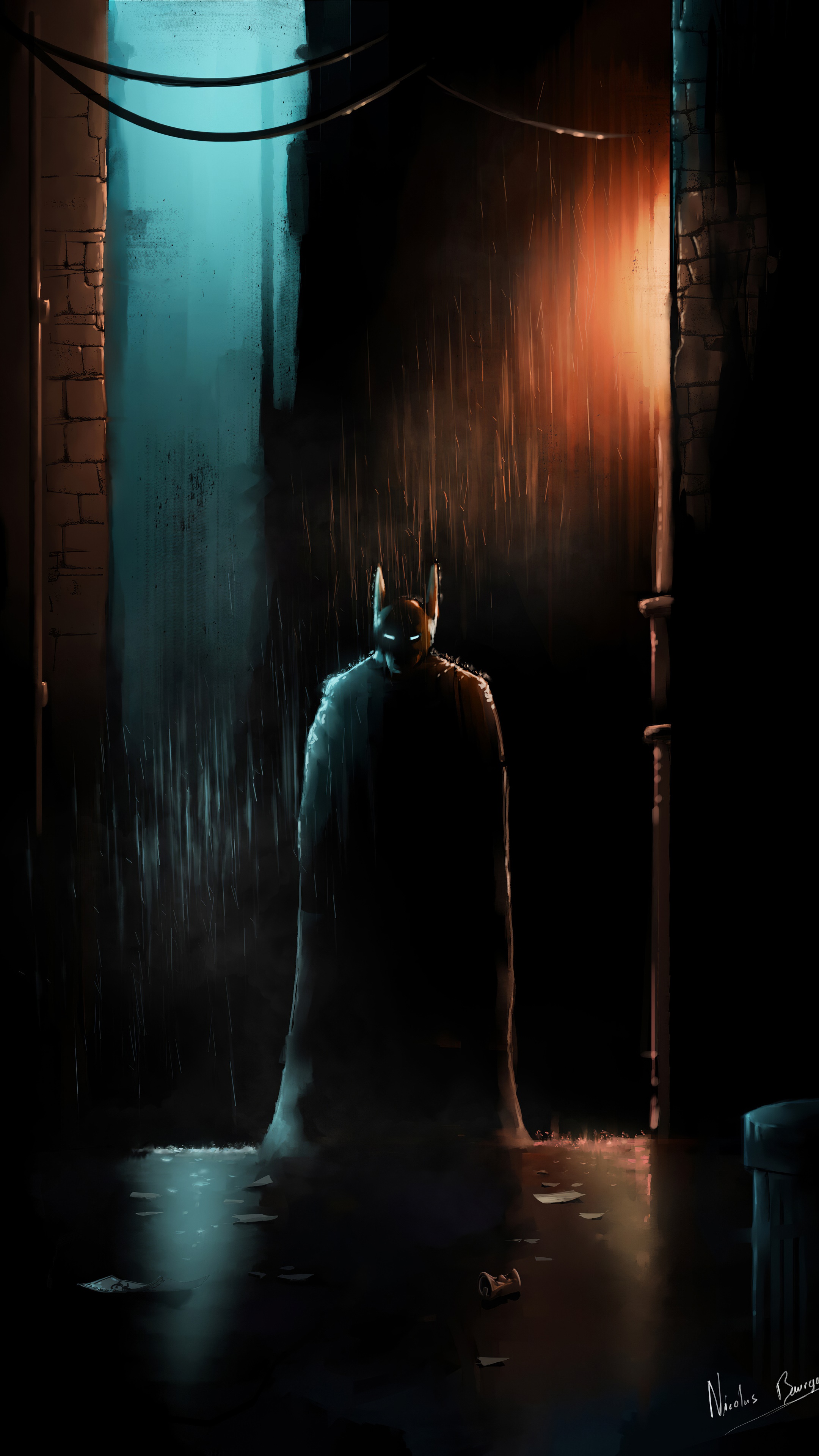Batman in a dark, rainy alleyway HD Phone Wallpaper