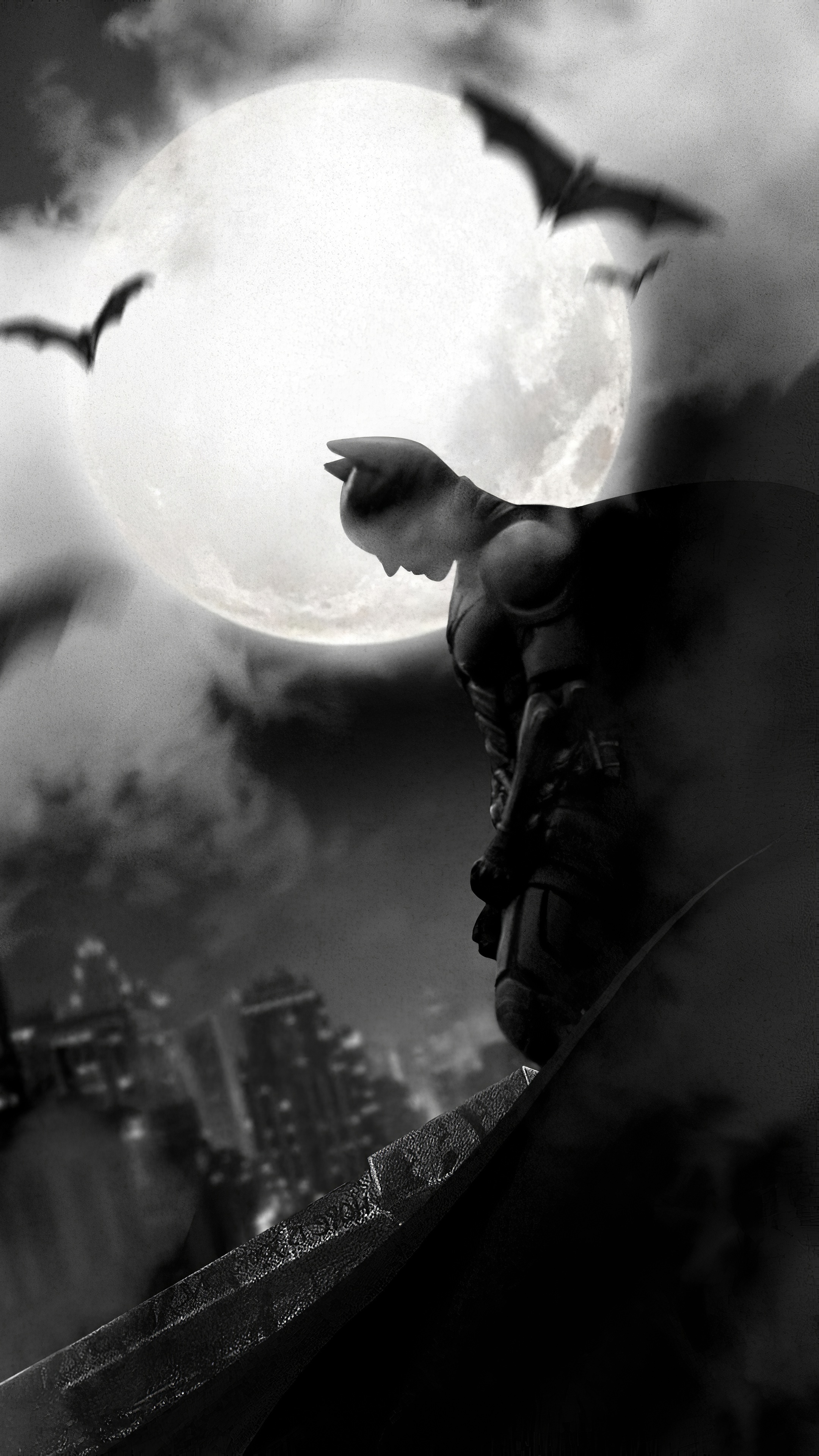Batman on a rooftop with full moon and bats HD Phone Wallpaper