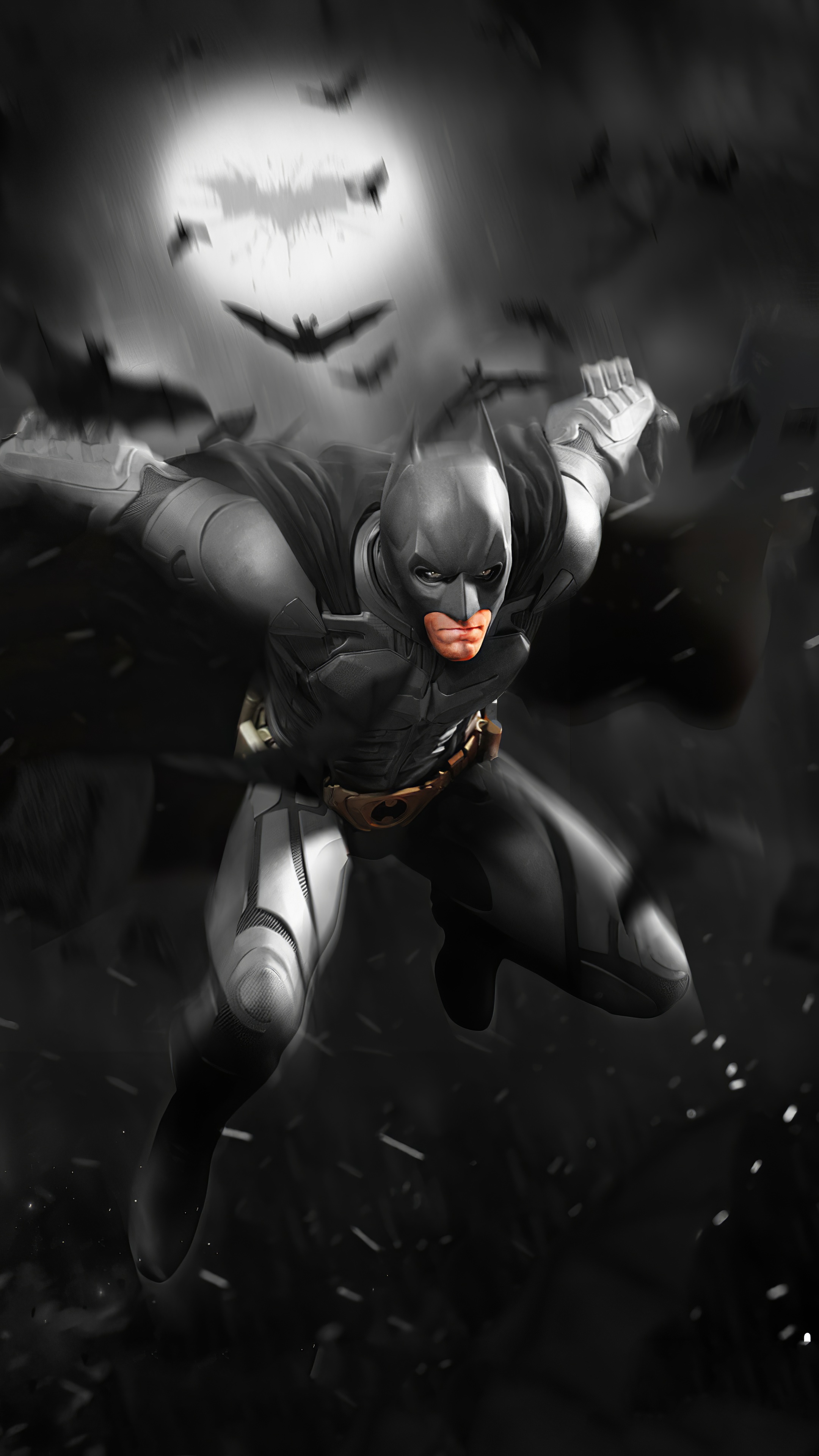 Batman in front of a full moon with bats HD Phone Wallpaper