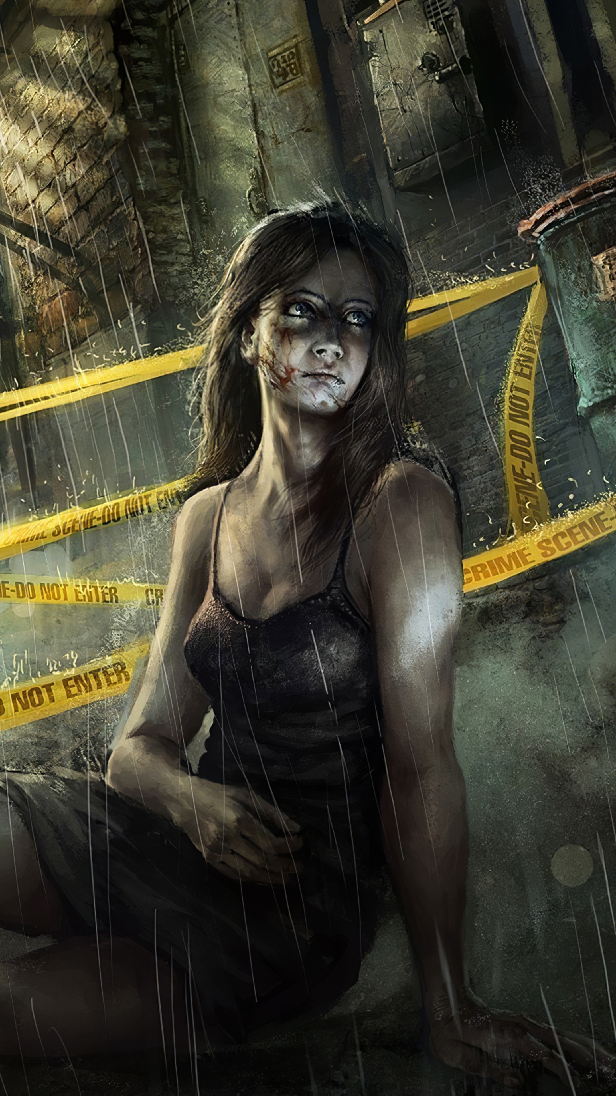 Woman in rain with crime scene tape HD Phone Wallpaper