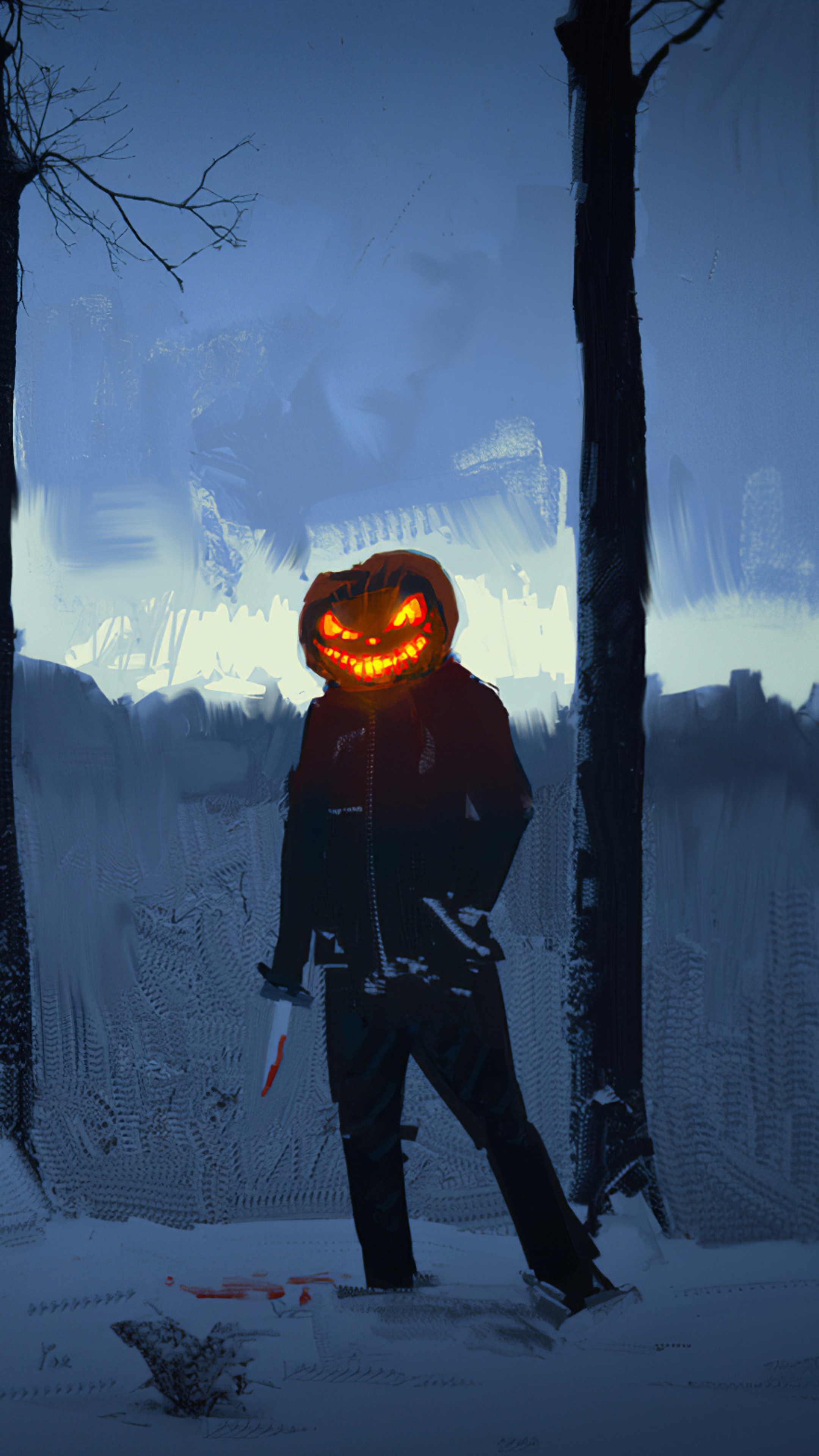Artwork of a person with a jack-o'-lantern head holding a knife HD Phone Wallpaper