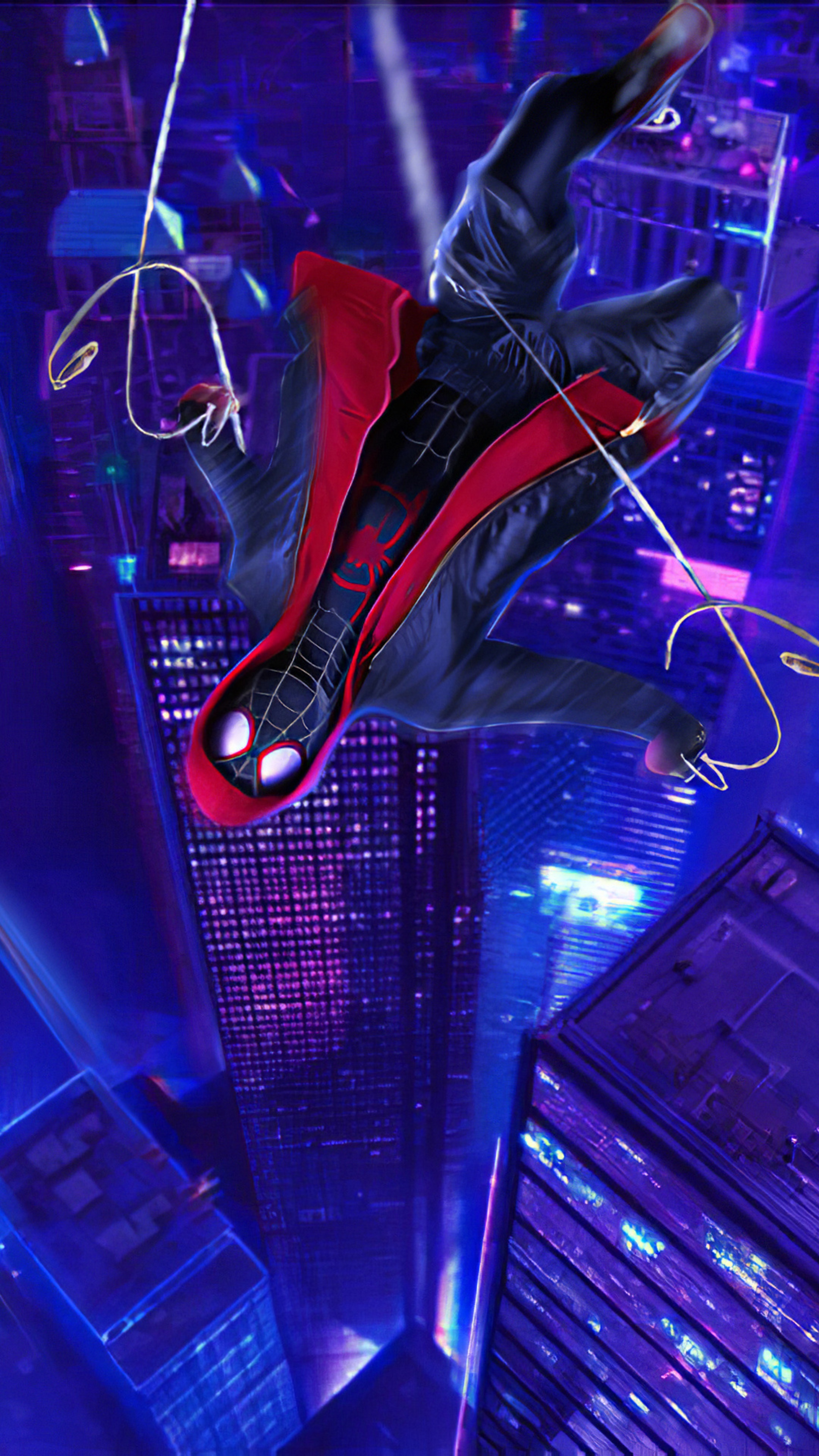 Spider-Man (Miles Morales) swinging through a neon city HD Phone Wallpaper
