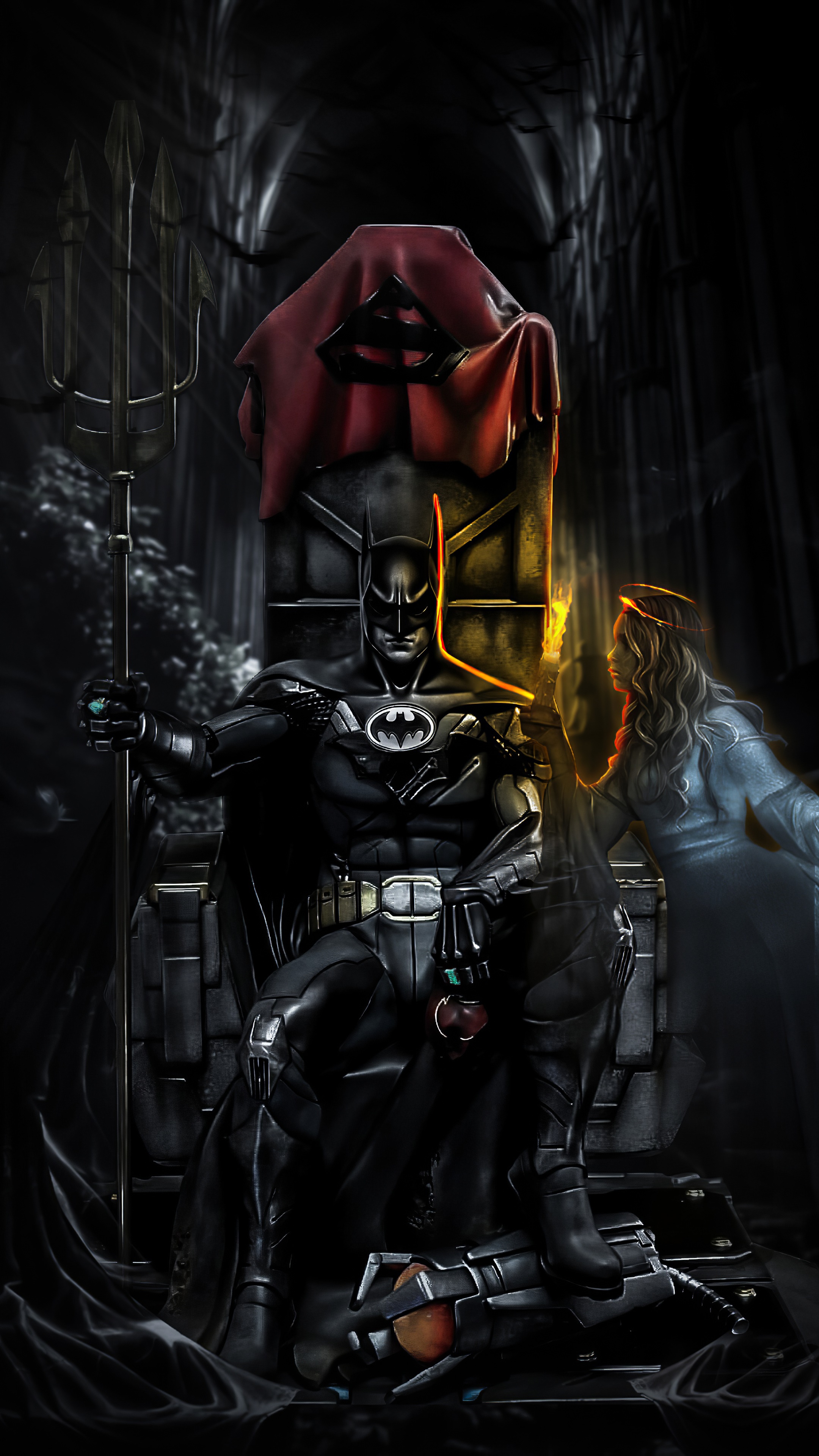 Batman sitting on a throne with a trident HD Phone Wallpaper