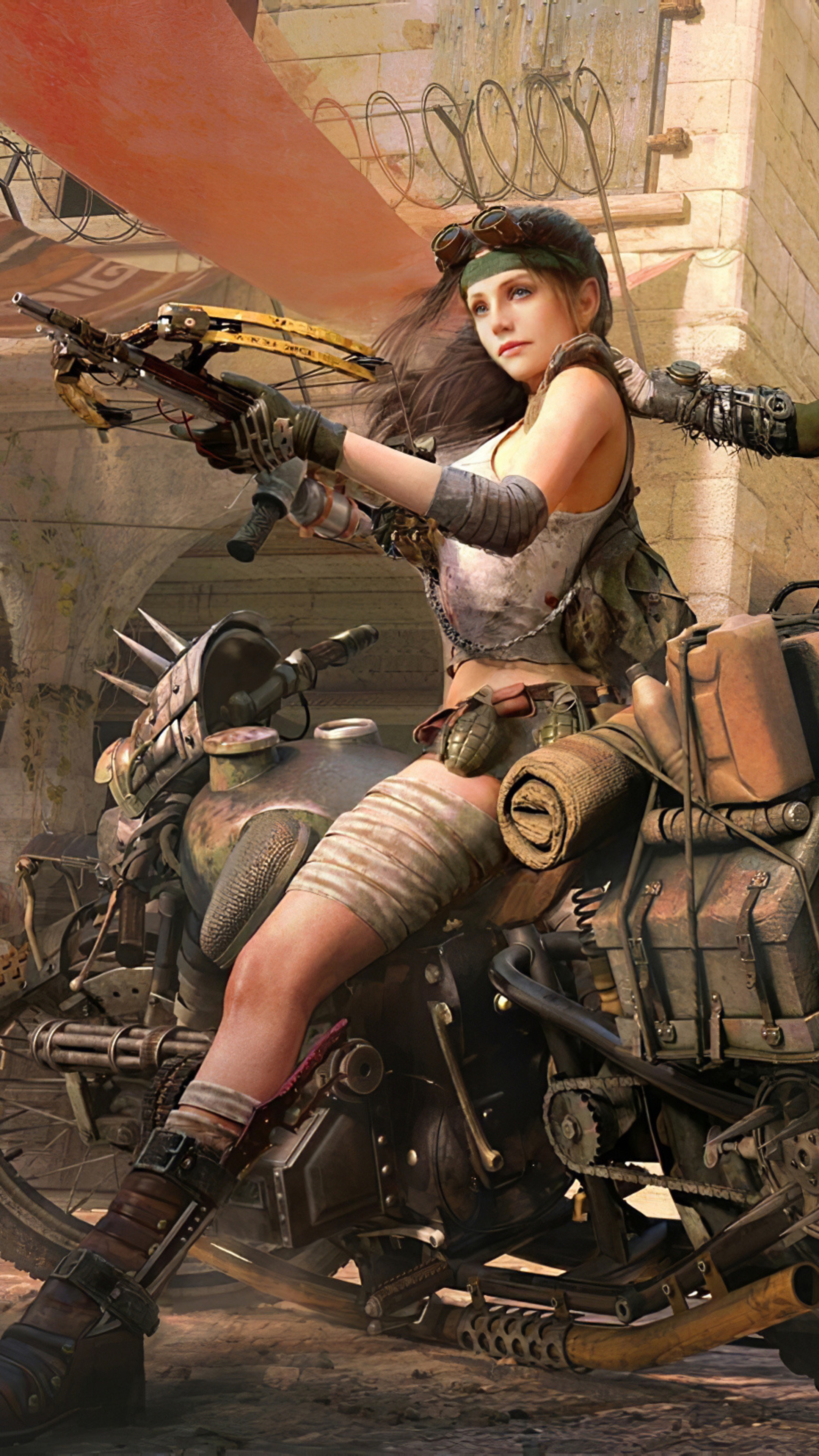 Woman with crossbow on a motorcycle HD Phone Wallpaper