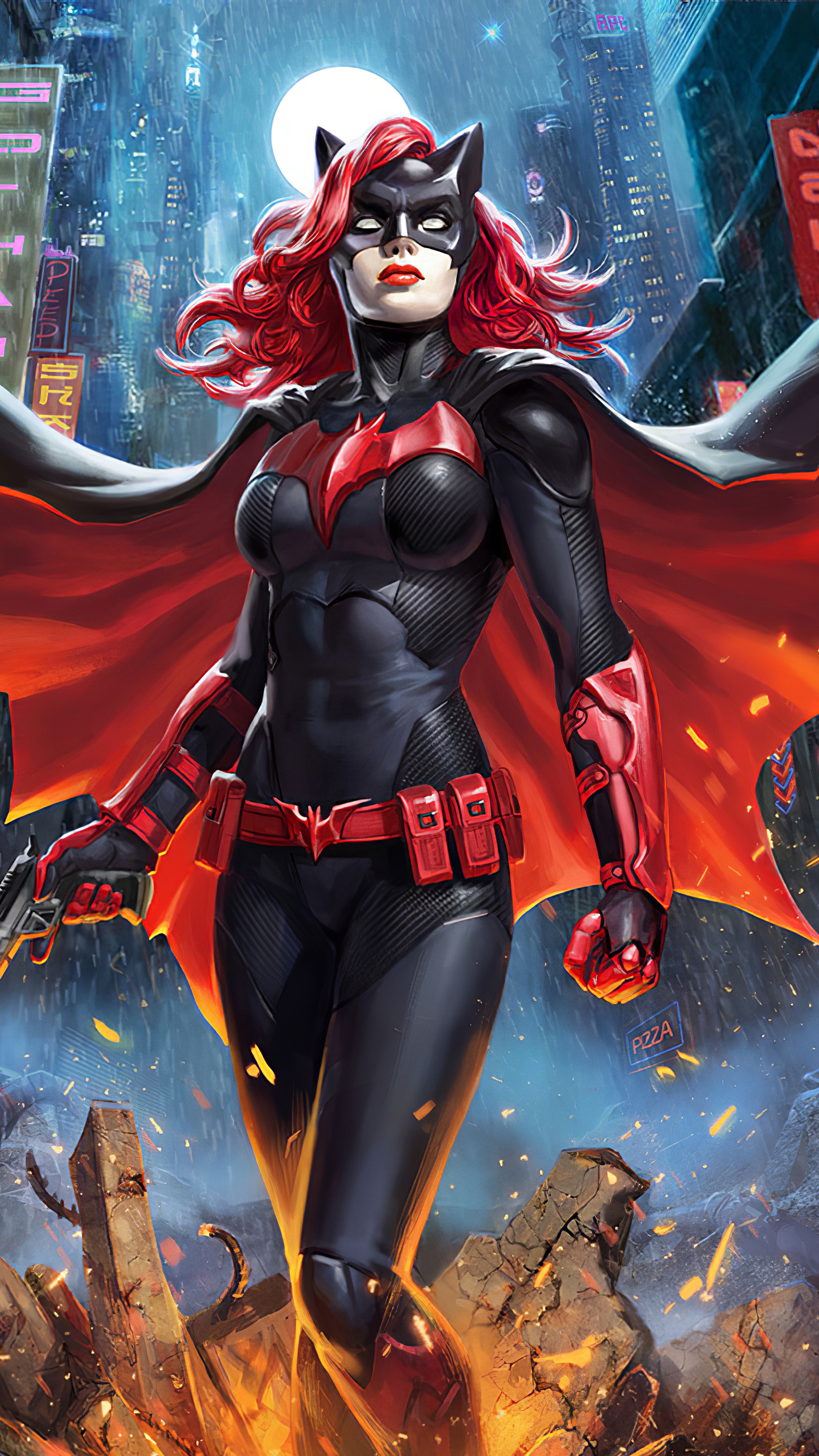 Batwoman in a dark, rainy city HD Phone Wallpaper