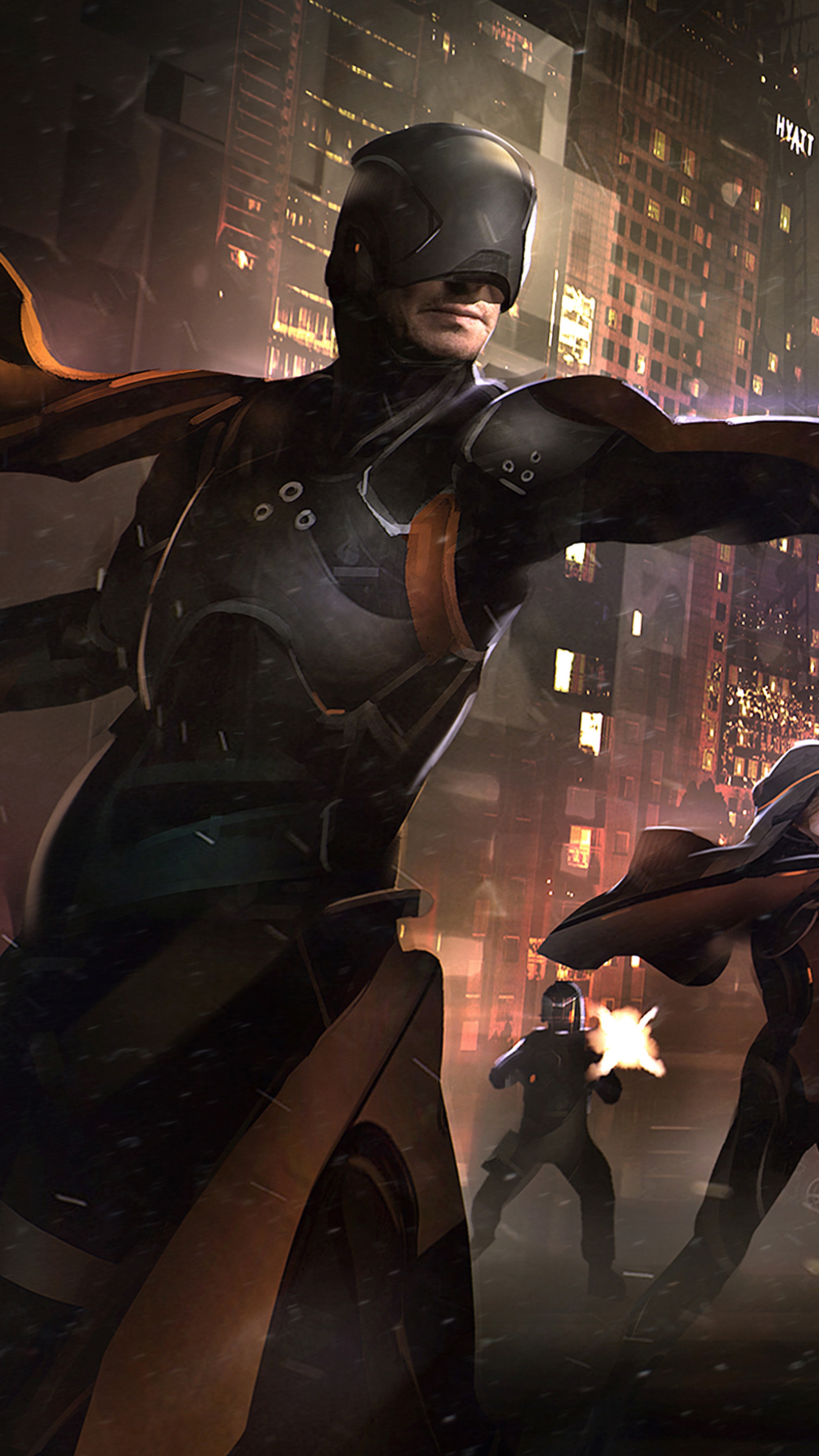 Man in futuristic armor in a city at night HD Phone Wallpaper