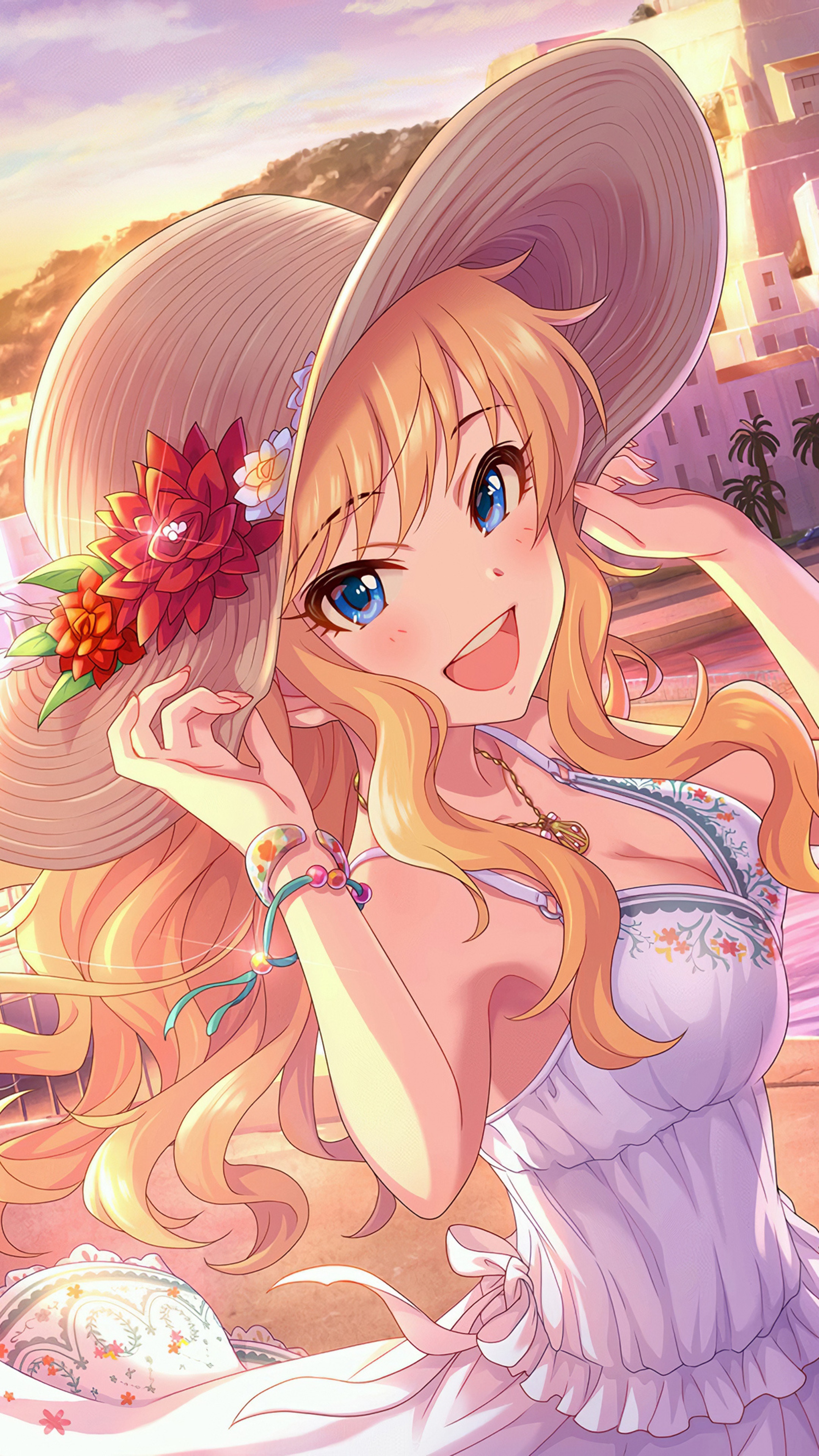 Anime girl in a sun hat at the beach HD Phone Wallpaper