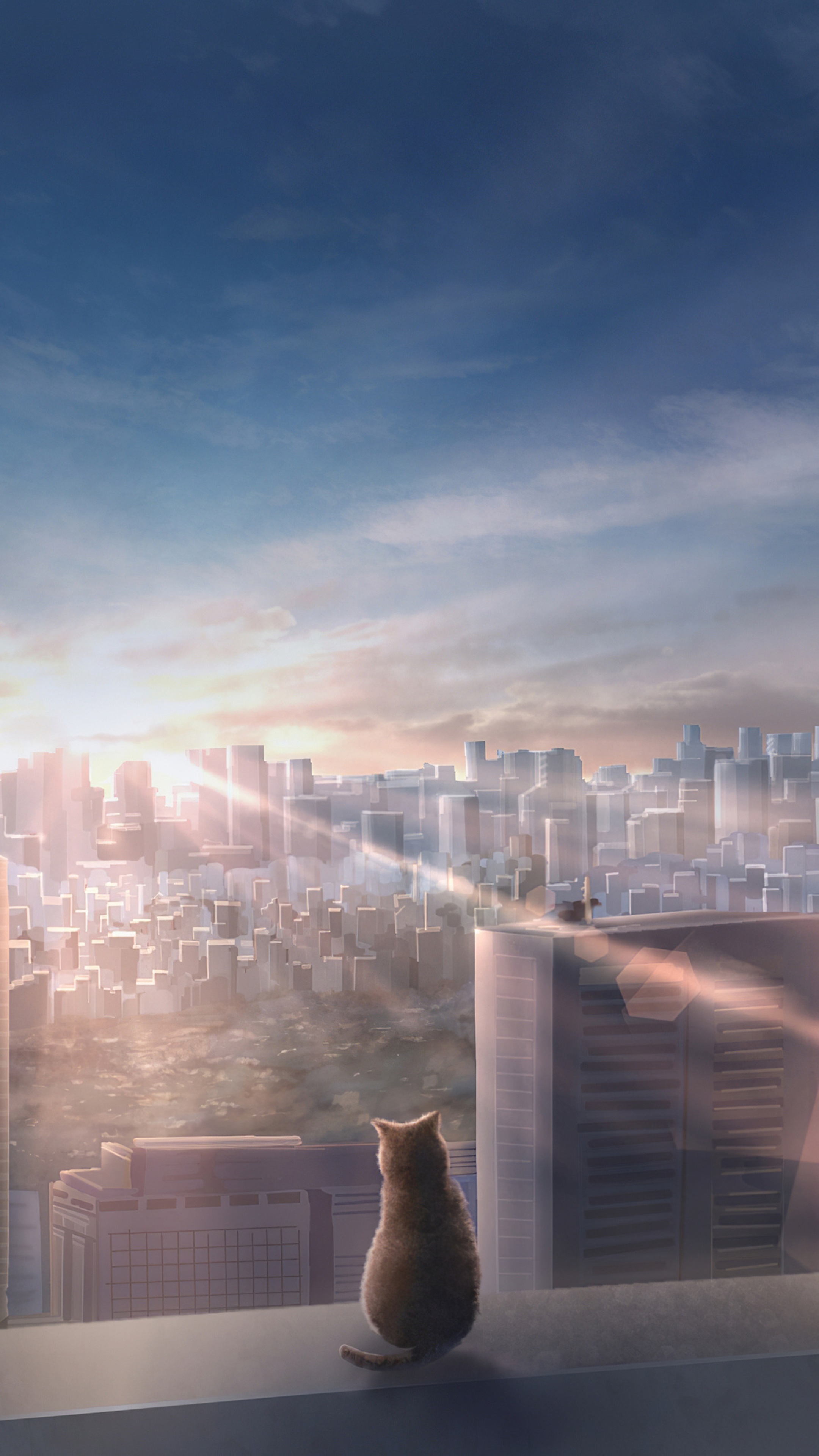 Anime cat looking at city skyline at sunrise HD Phone Wallpaper