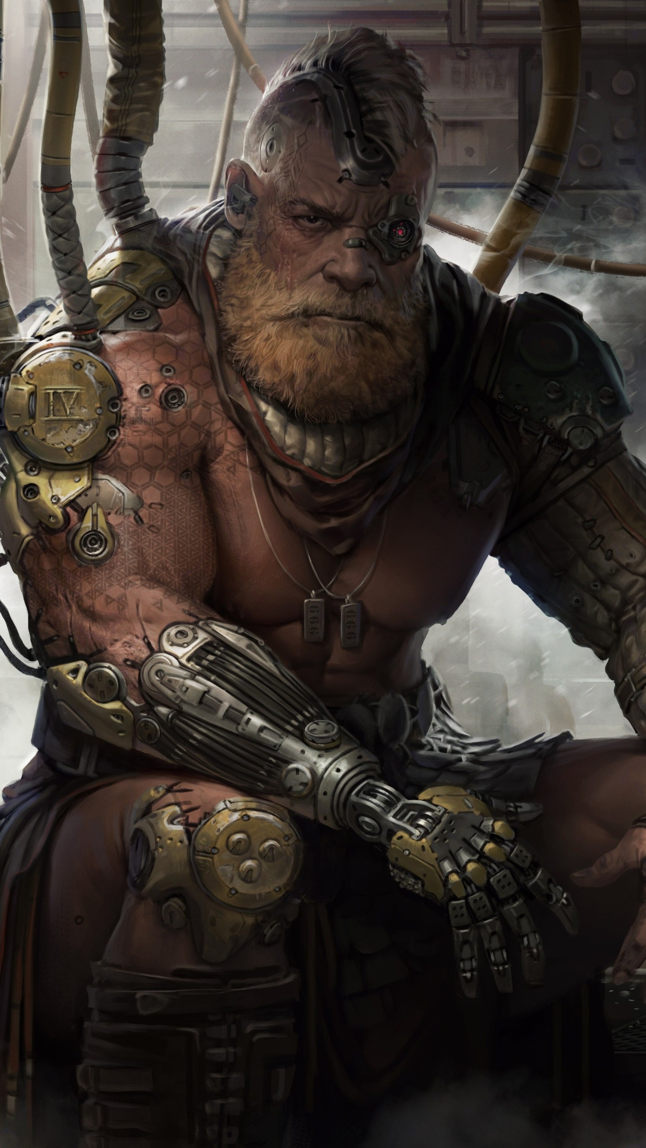 Cybernetic Warrior with Beard and Prosthetic Arms HD Phone Wallpaper
