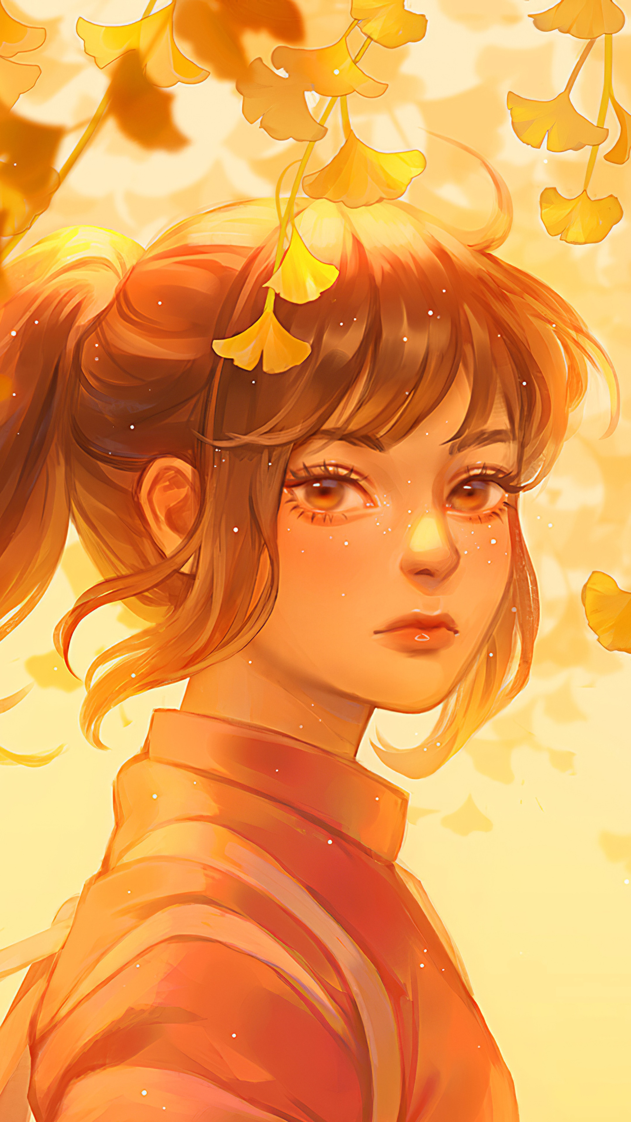 Anime girl with ginkgo leaves HD Phone Wallpaper