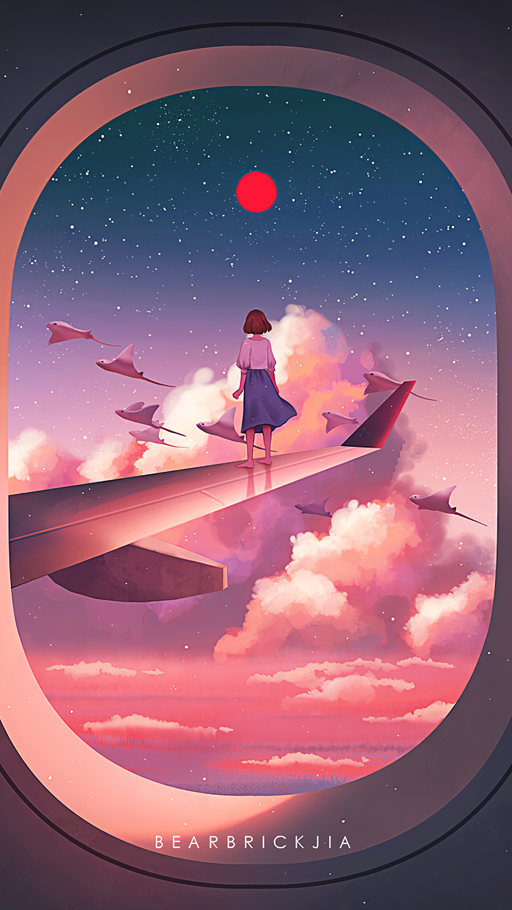 Girl on airplane wing with manta rays in the sky HD Phone Wallpaper